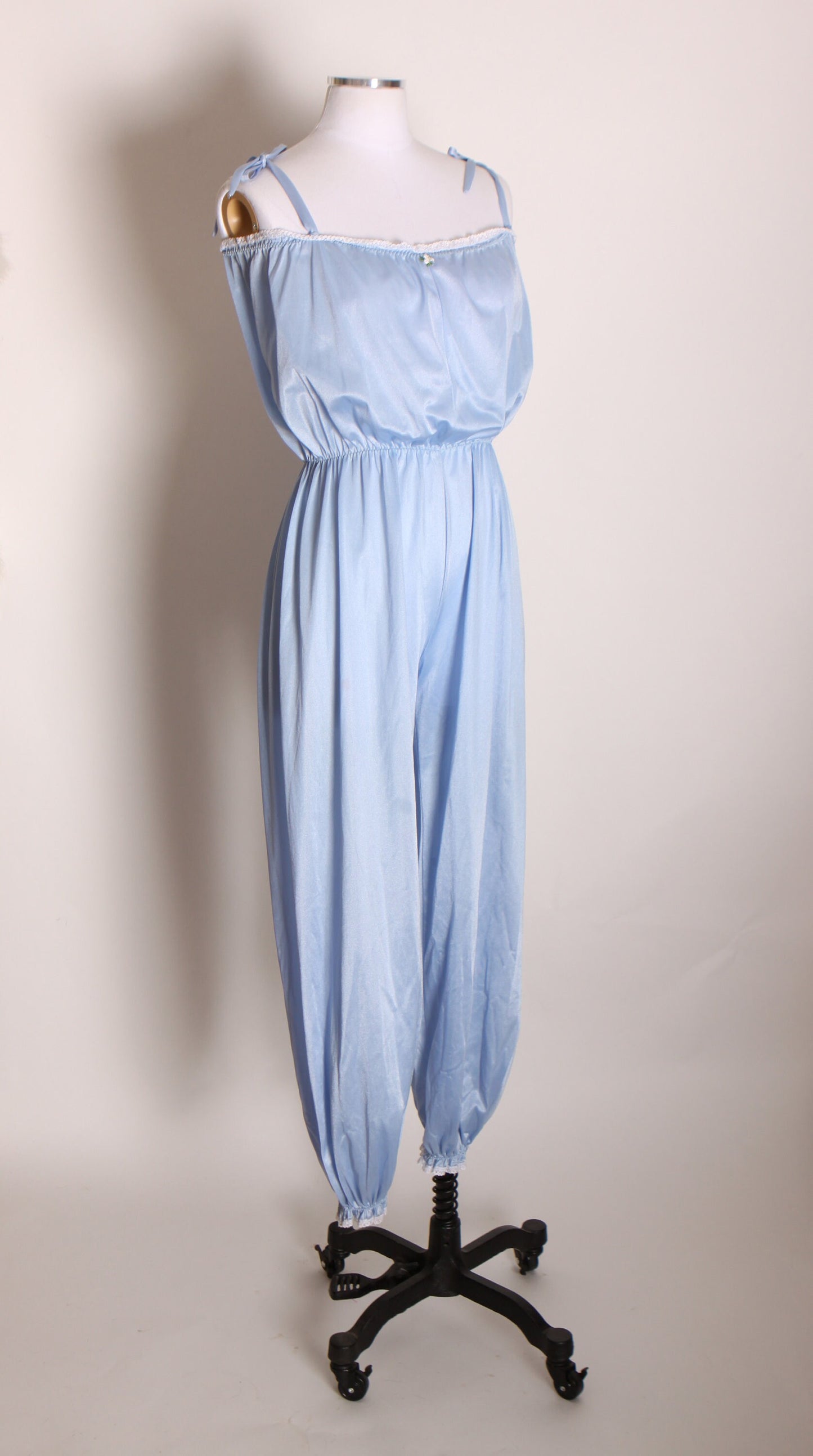 1980s Light Blue Thin Strap Floral Detail Ankle Length One Piece Lingerie Jumpsuit -M-L