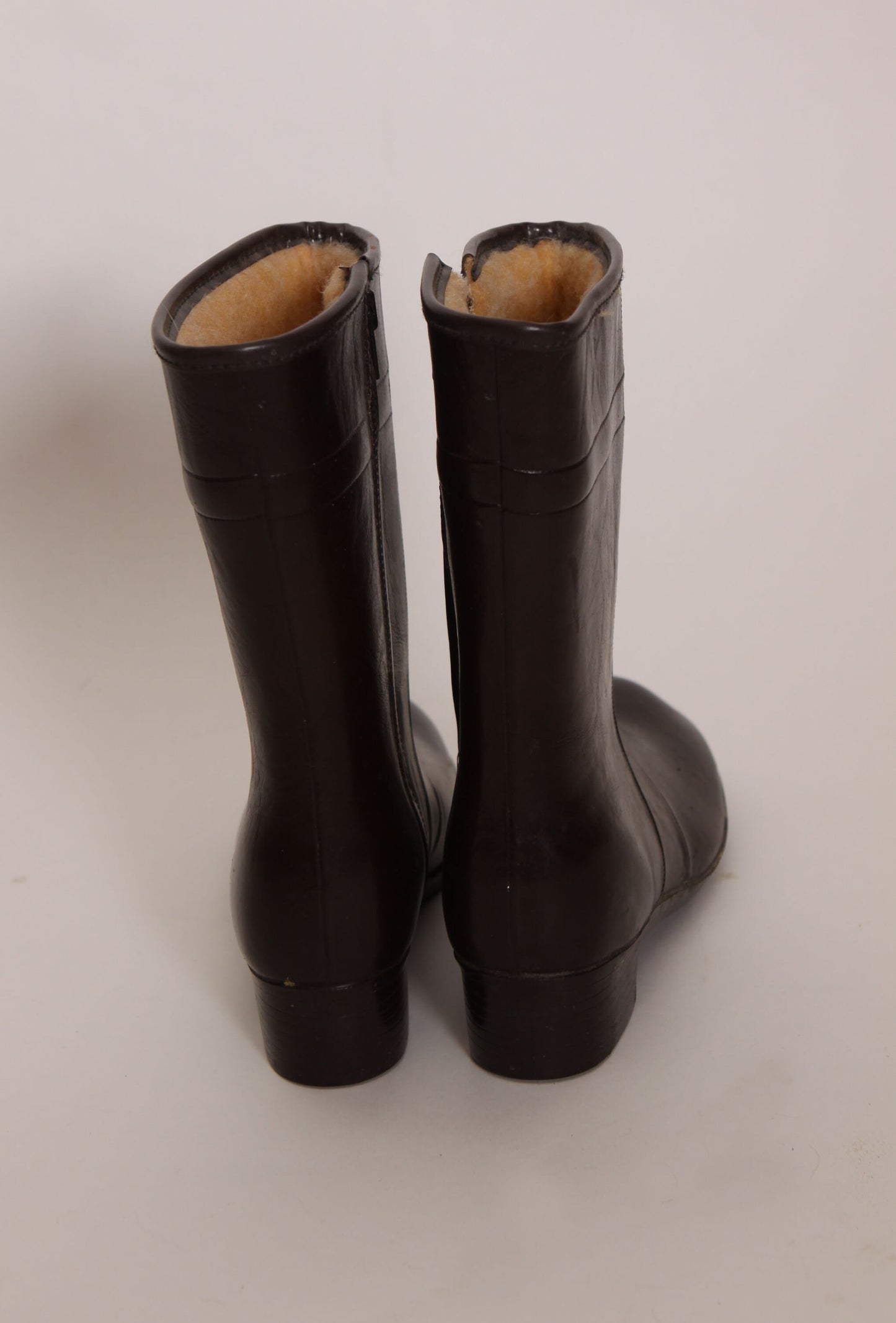 1970s Dark Brown Rubber Fuzzy Lined Zip Up Boots -Size 6