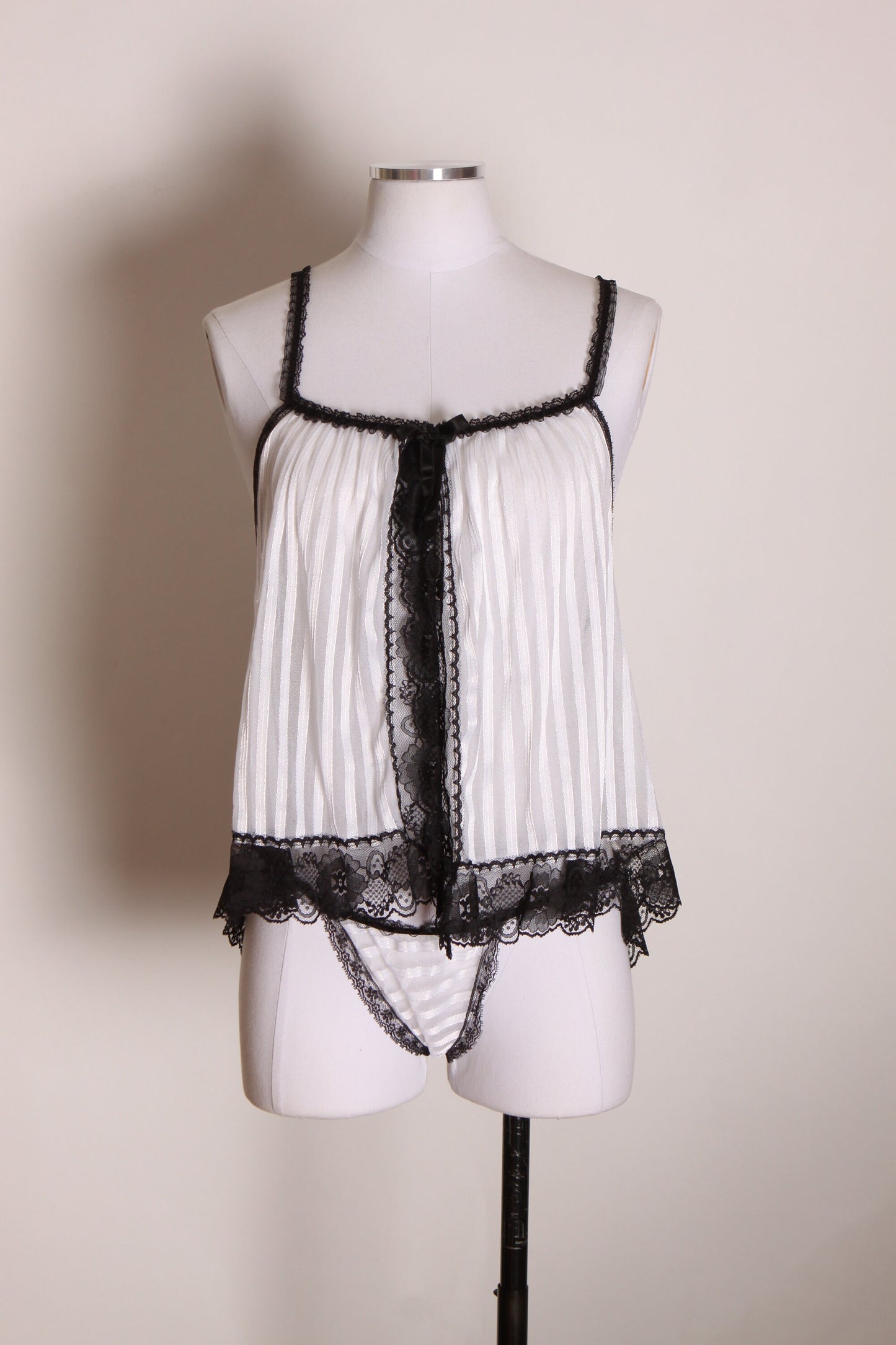 1970s White and Black Striped Thin Strap Pajama Night Top with Matching Bikini Panties by Sheer Magic