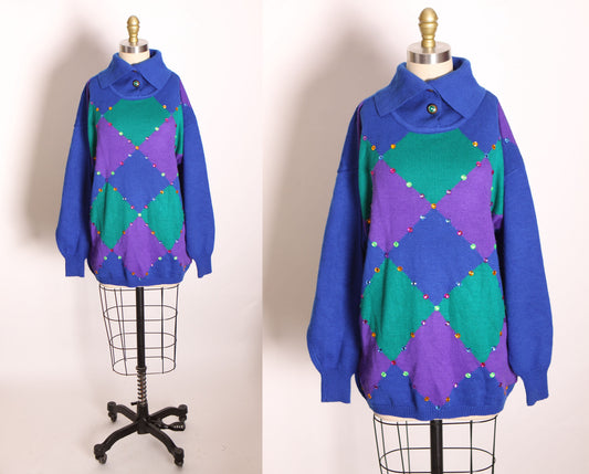 1980s Blue, Purple and Teal Green Long Sleeve Harlequin Bedazzled Pullover Sweater by R&K Originals