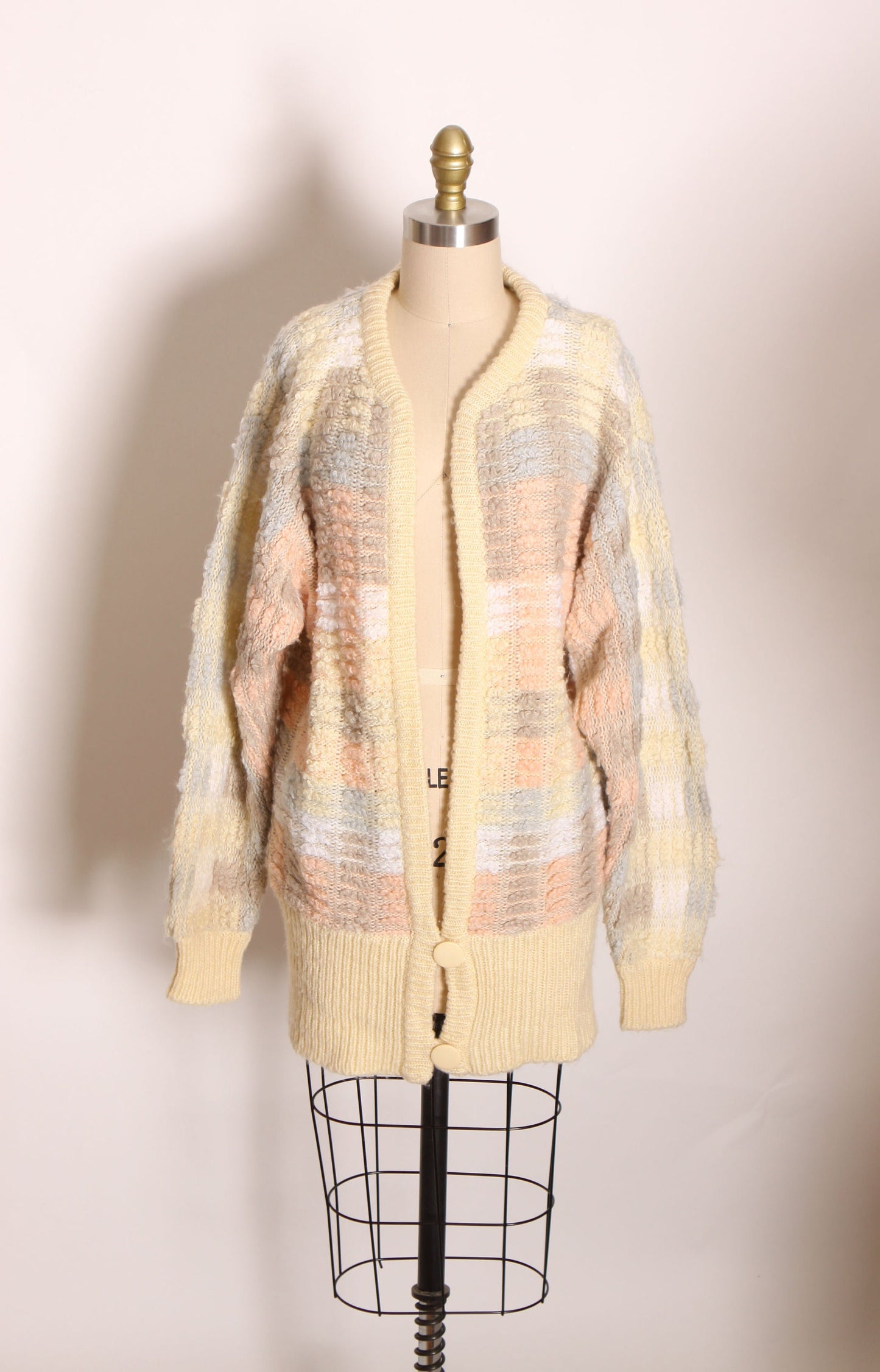 1980s Cream, Pastel Pink and Blue Knit Long Sleeve Hip Length Sweater Cardigan by Lindsay Scott -M