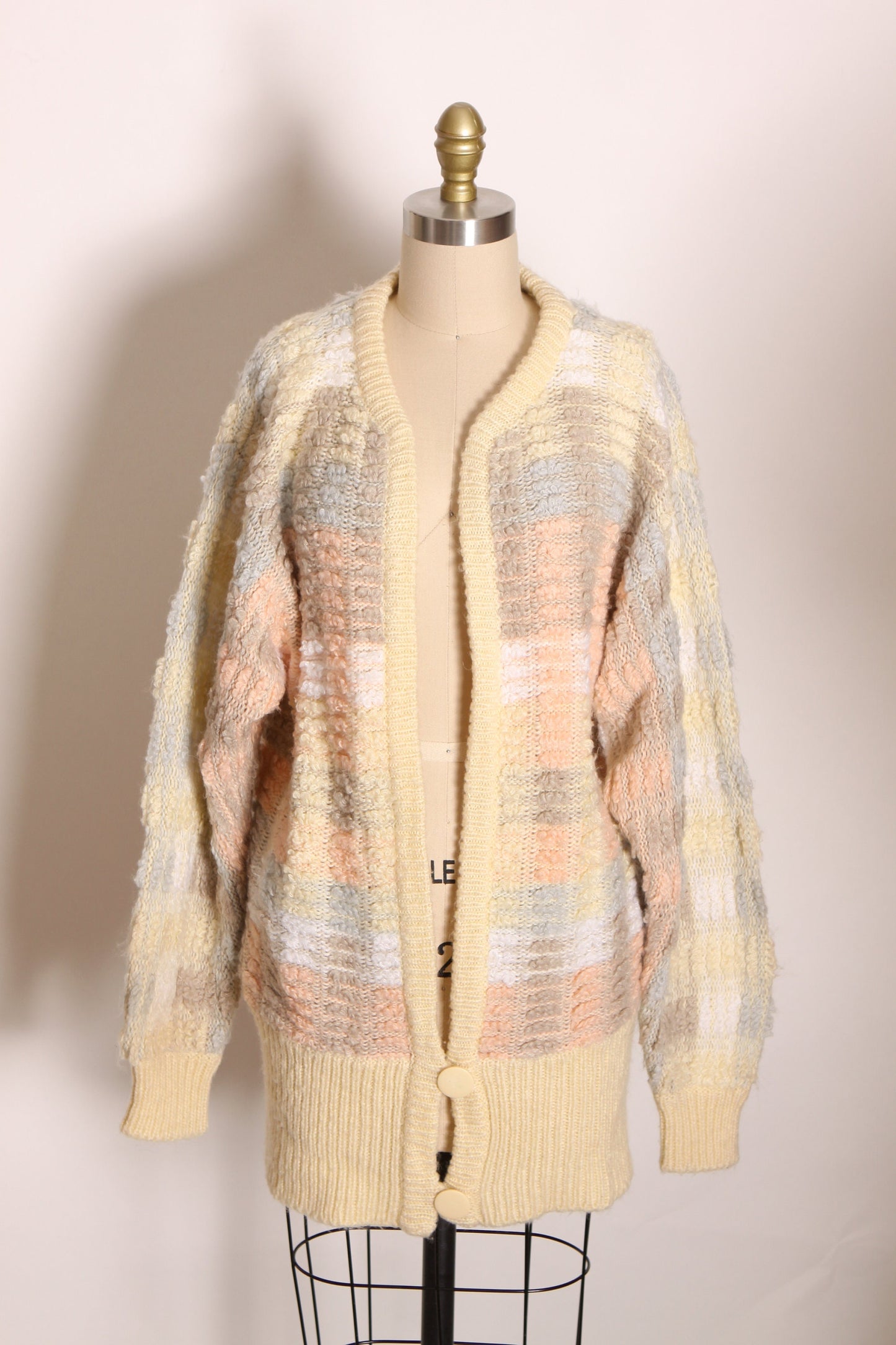 1980s Cream, Pastel Pink and Blue Knit Long Sleeve Hip Length Sweater Cardigan by Lindsay Scott -M