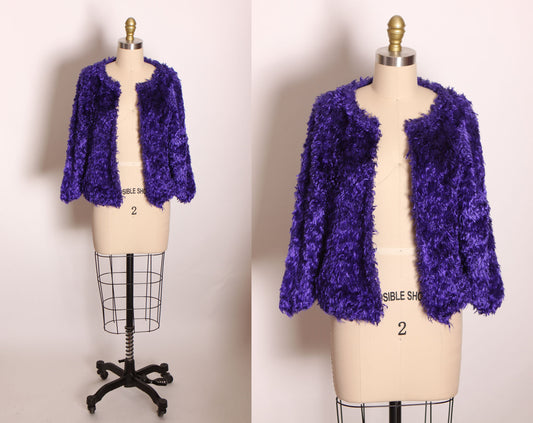 1990s Purple Faux Fur Fuzzy 3/4 Length Sleeve Open Front Cropped Cardigan by Sideffects -M