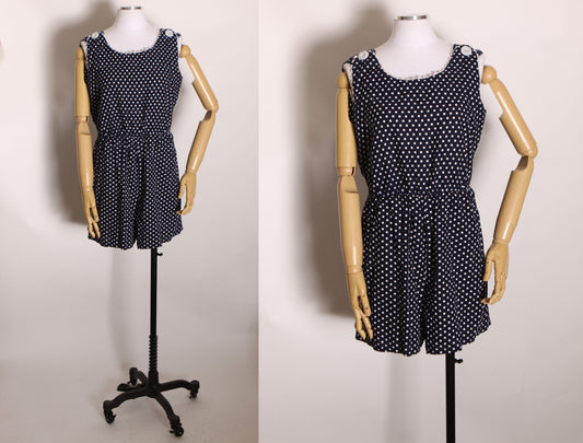 1950s 1960s Navy Blue and White Polka Dot Sleeveless One Piece Snap Crotch Leisure Loungewear Lingerie Romper by Sherry Lynn -XL