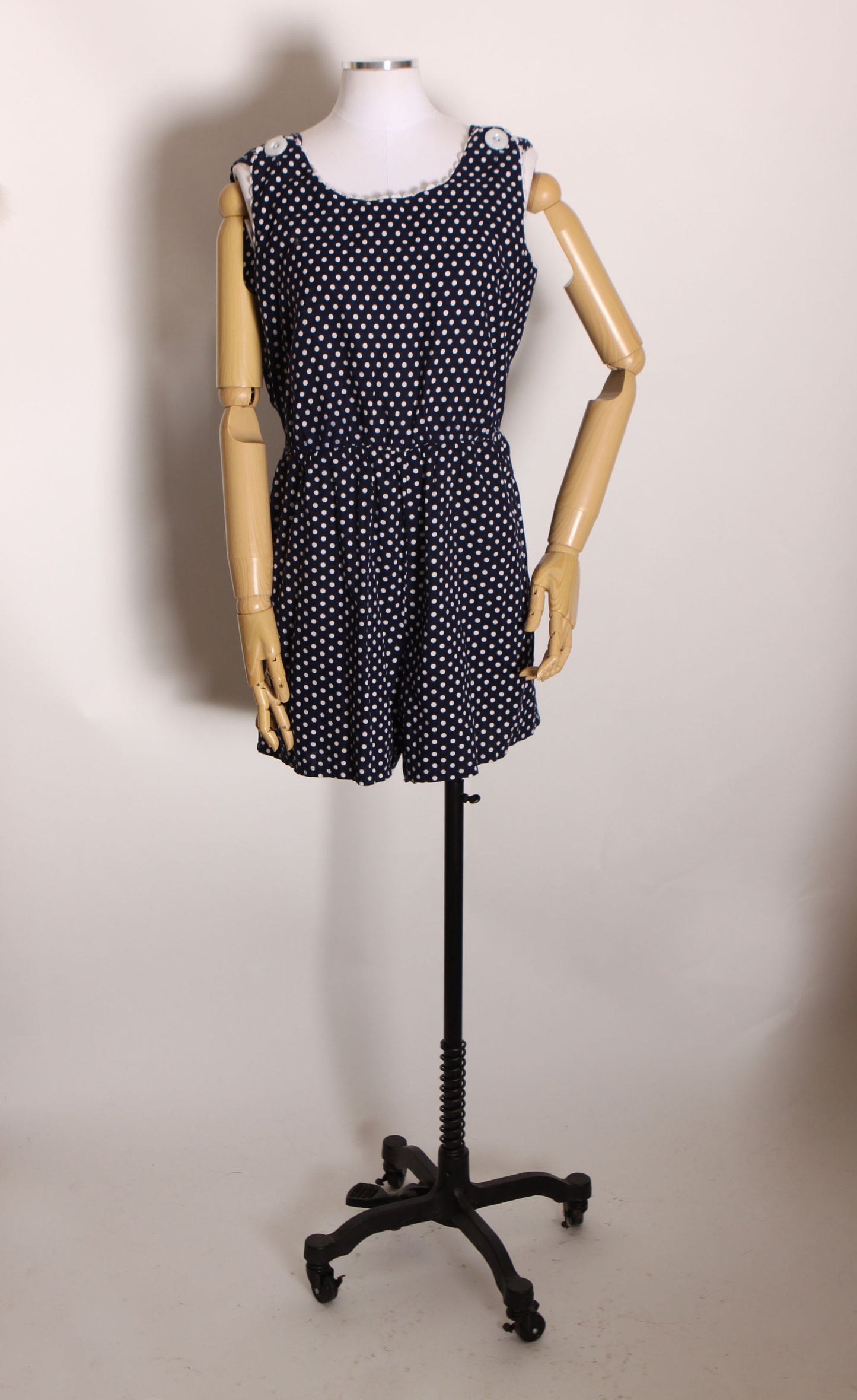 1950s 1960s Navy Blue and White Polka Dot Sleeveless One Piece Snap Crotch Leisure Loungewear Lingerie Romper by Sherry Lynn -XL