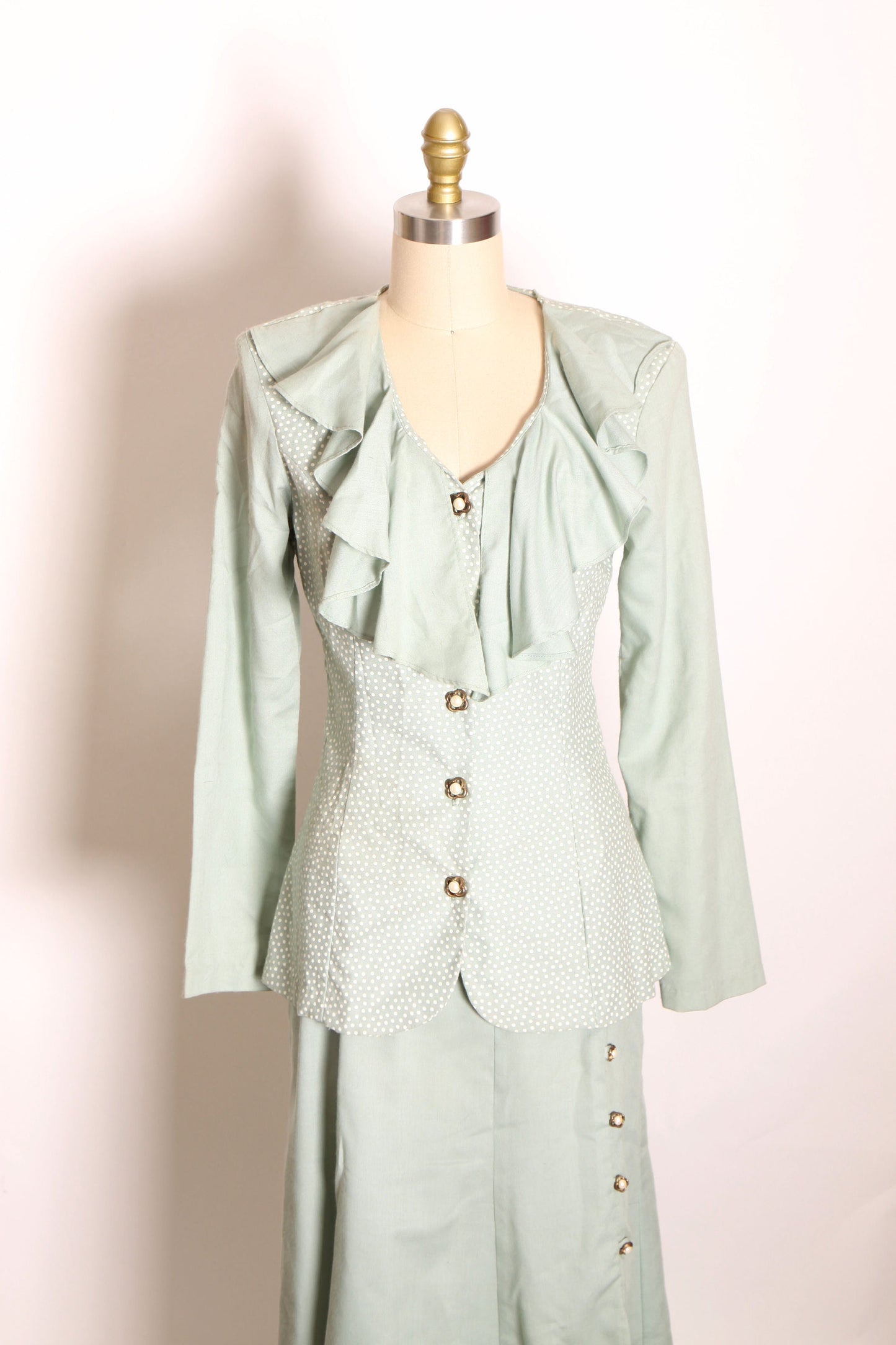 1970s 1980s Mint Green and White Polka Dot Ruffle Long Sleeve Blouse with Matching Skirt Two Piece Outfit by Fame -XS