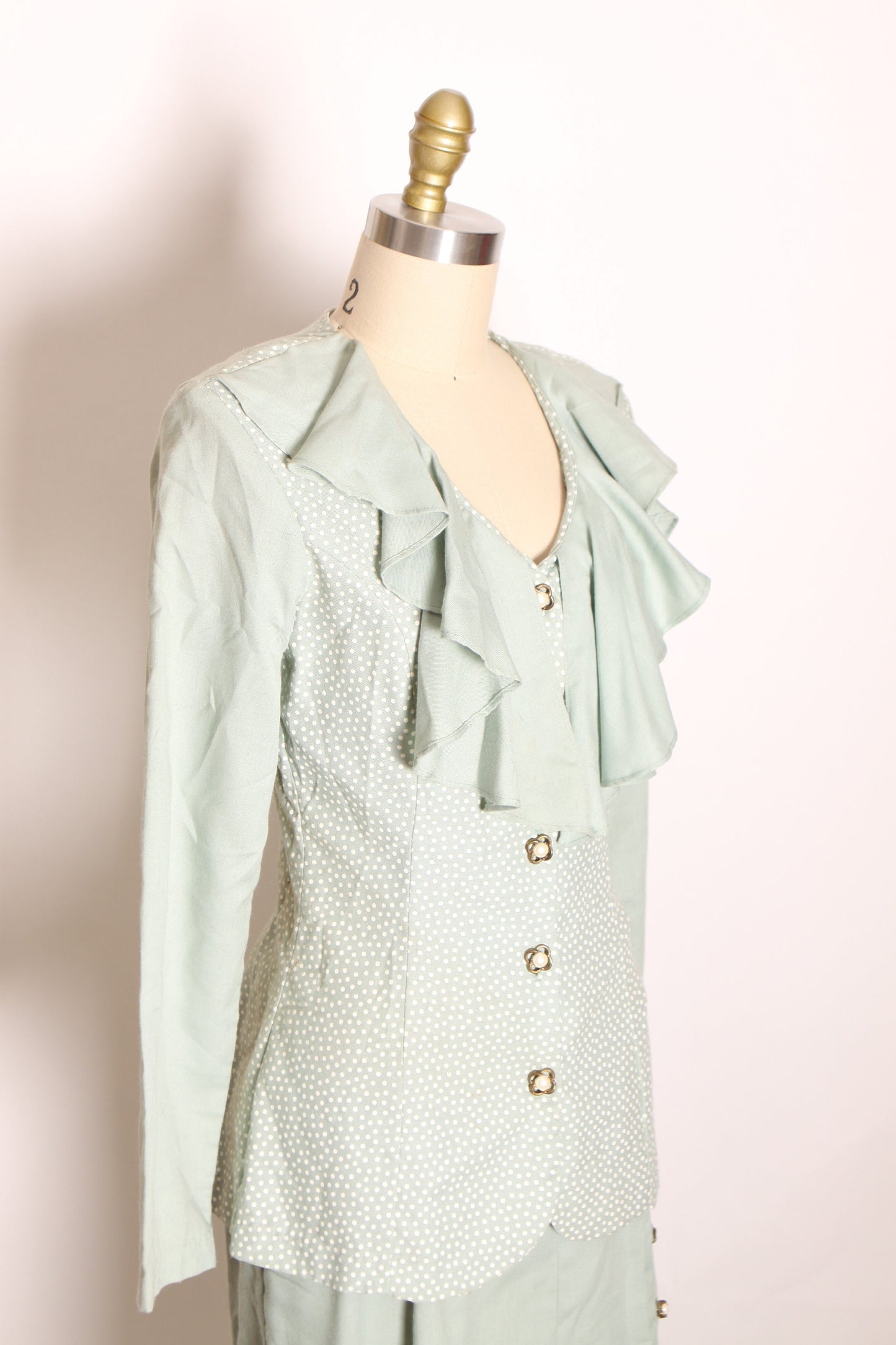 1970s 1980s Mint Green and White Polka Dot Ruffle Long Sleeve Blouse with Matching Skirt Two Piece Outfit by Fame -XS