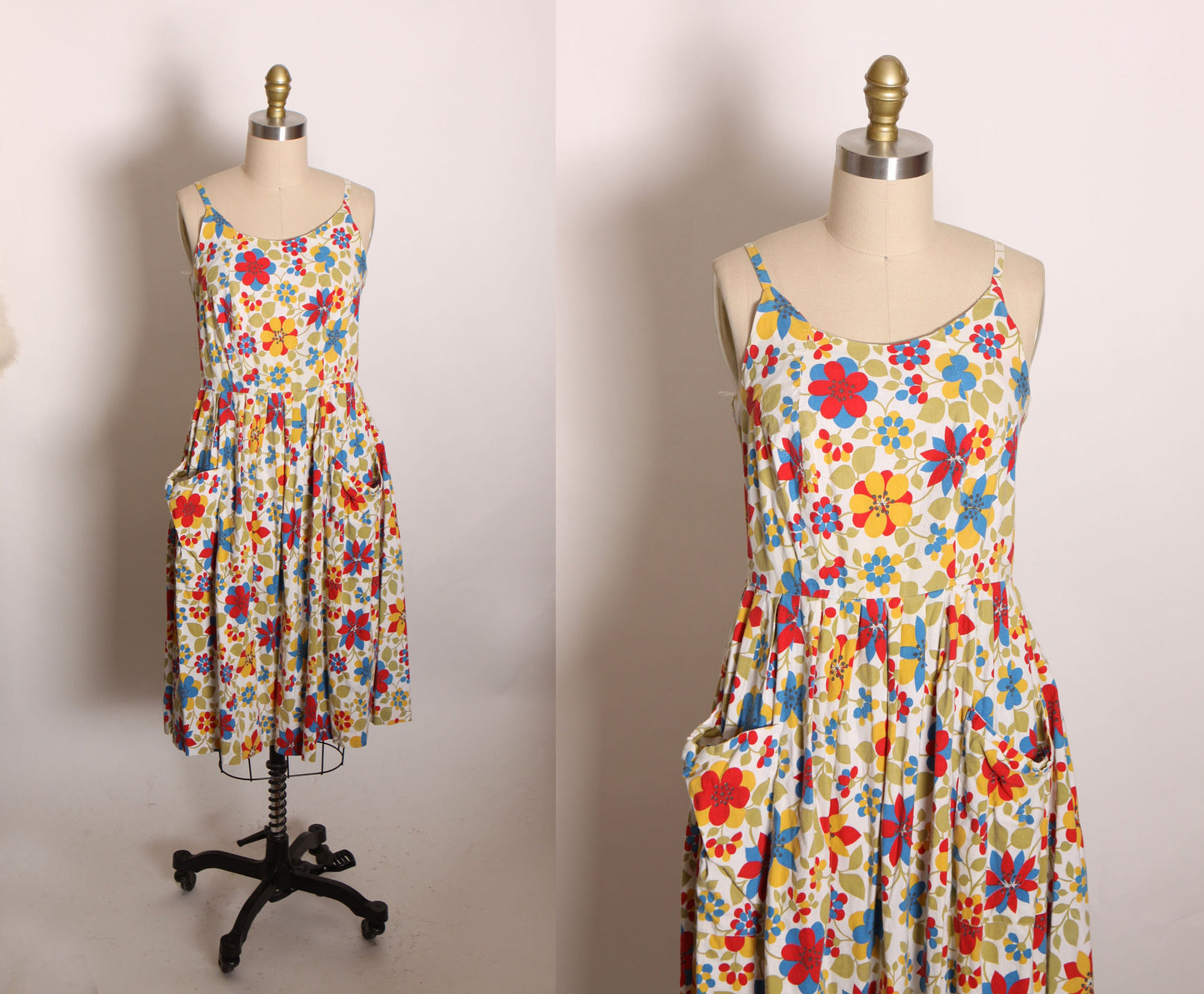 Late 1950s Early 1960s White, Red, Blue and Yellow Floral Flower Power Pocketed Dress -XS