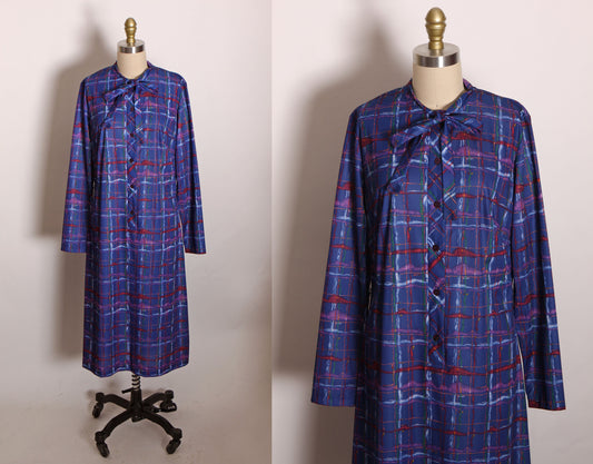 1970s Blue, Red and Purple Plaid Long Sleeve Button Up Pussybow Dress by Lady Blair -M