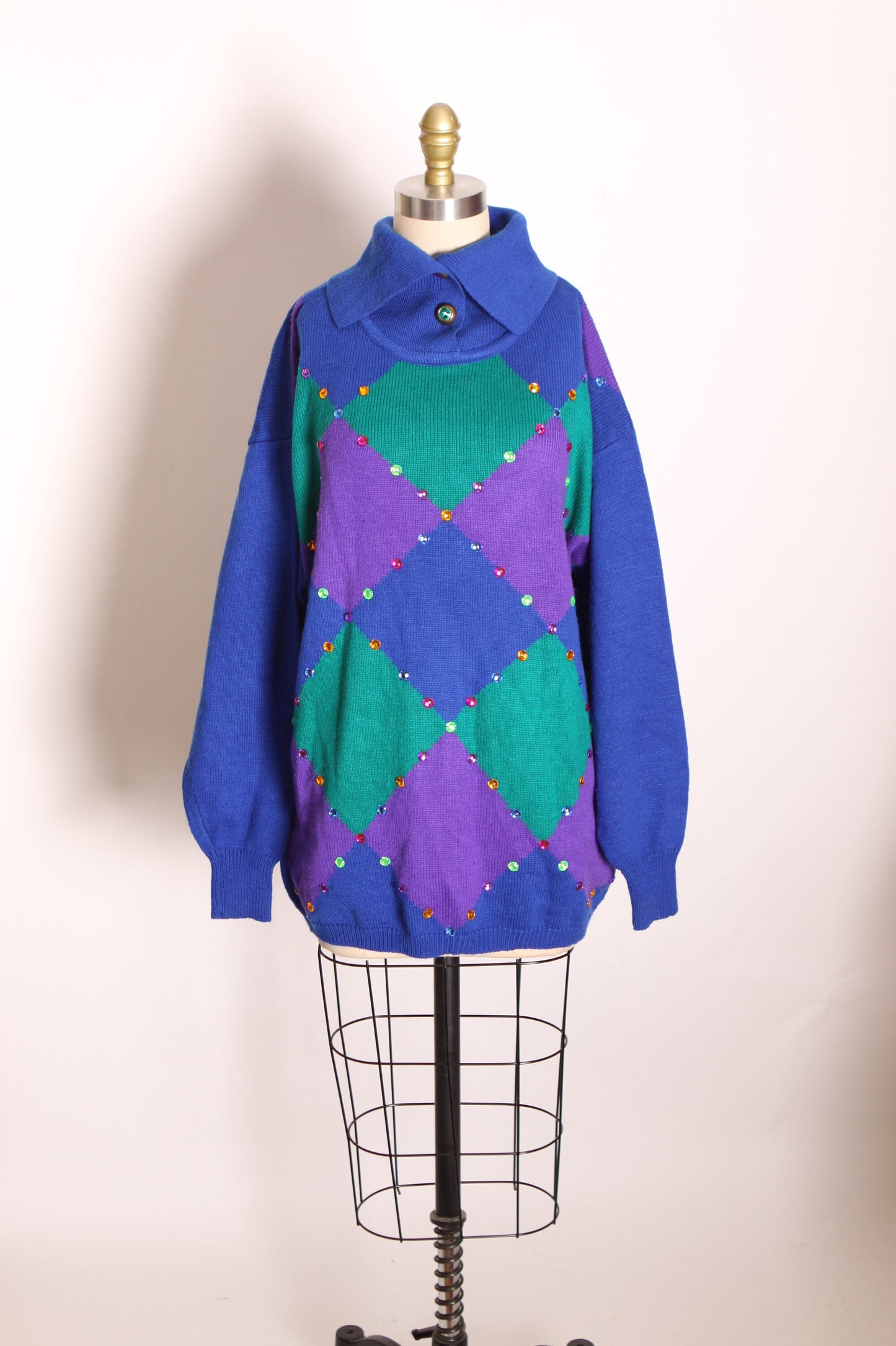 1980s Blue, Purple and Teal Green Long Sleeve Harlequin Bedazzled Pullover Sweater by R&K Originals
