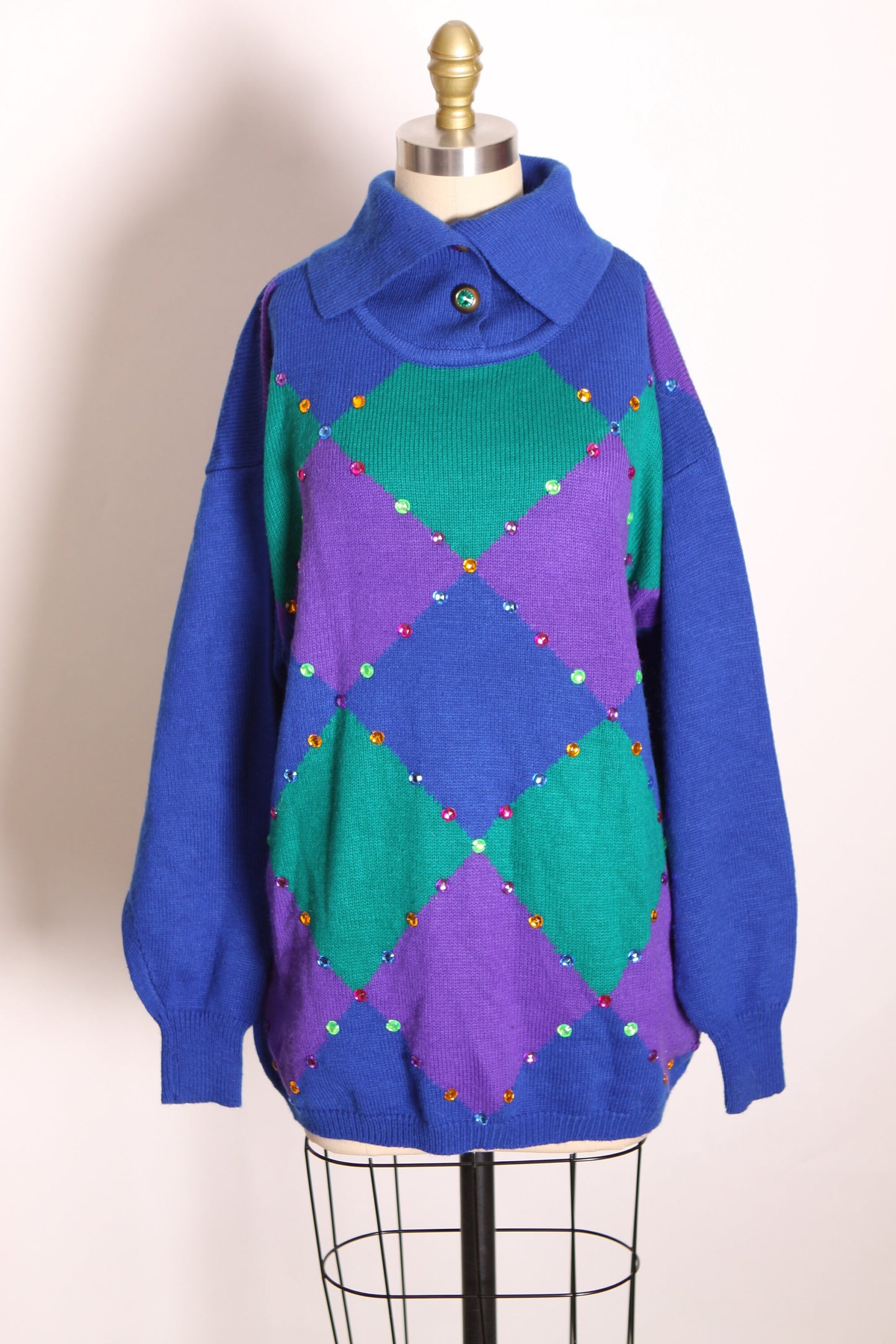 1980s Blue, Purple and Teal Green Long Sleeve Harlequin Bedazzled Pullover Sweater by R&K Originals