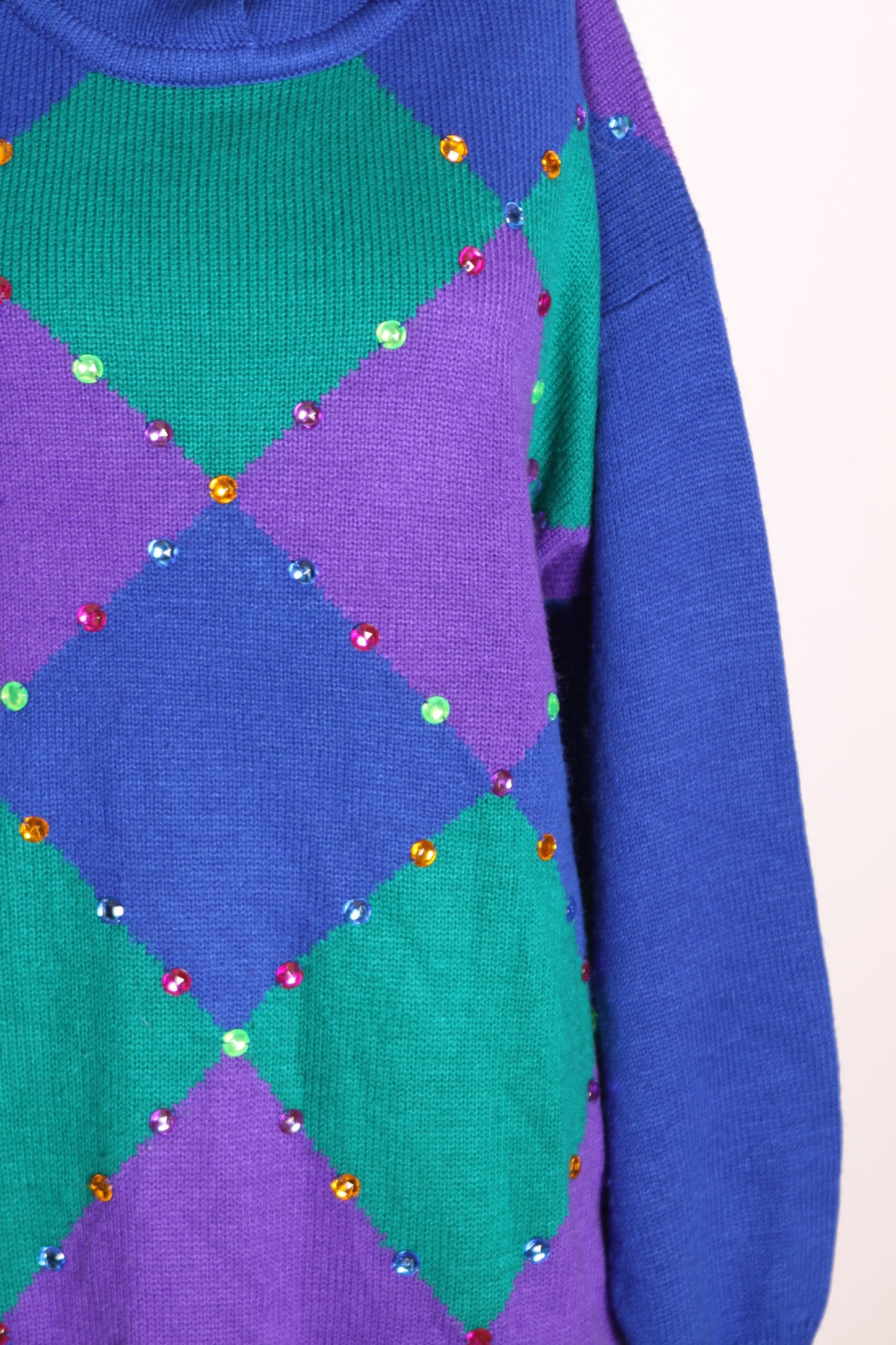 1980s Blue, Purple and Teal Green Long Sleeve Harlequin Bedazzled Pullover Sweater by R&K Originals