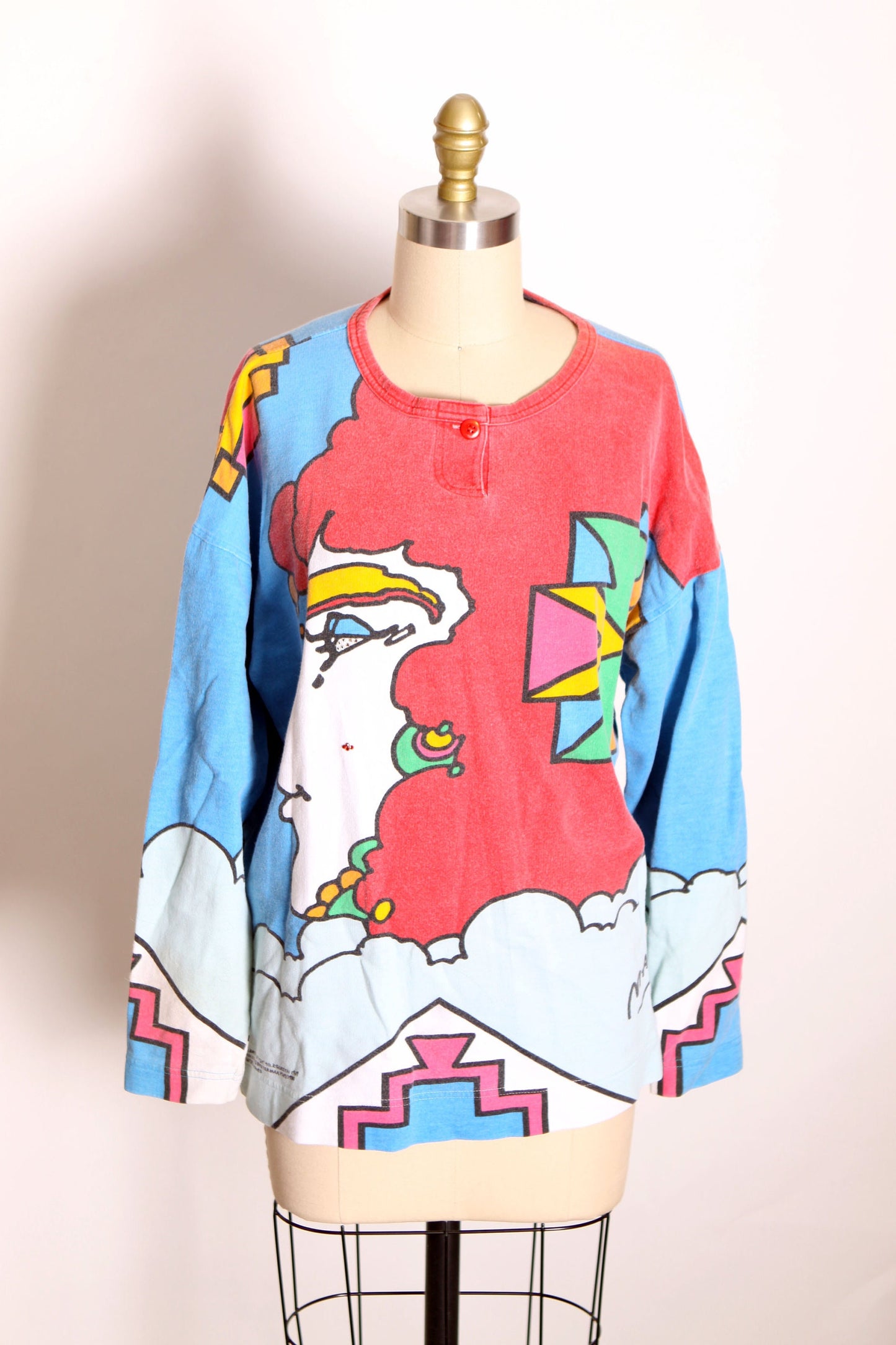 1980s 1988 Novelty Multi-Colored Woman’s Face Bedazzled Rhinestone 3/4 Length Sleeve 1960s Style Peter Max All Over Print Blouse by Neomax