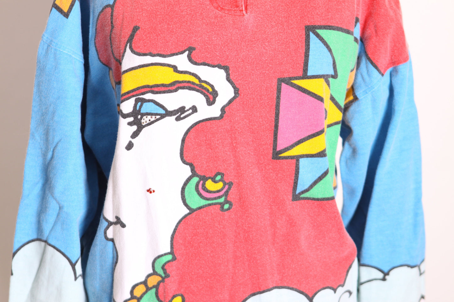 1980s 1988 Novelty Multi-Colored Woman’s Face Bedazzled Rhinestone 3/4 Length Sleeve 1960s Style Peter Max All Over Print Blouse by Neomax