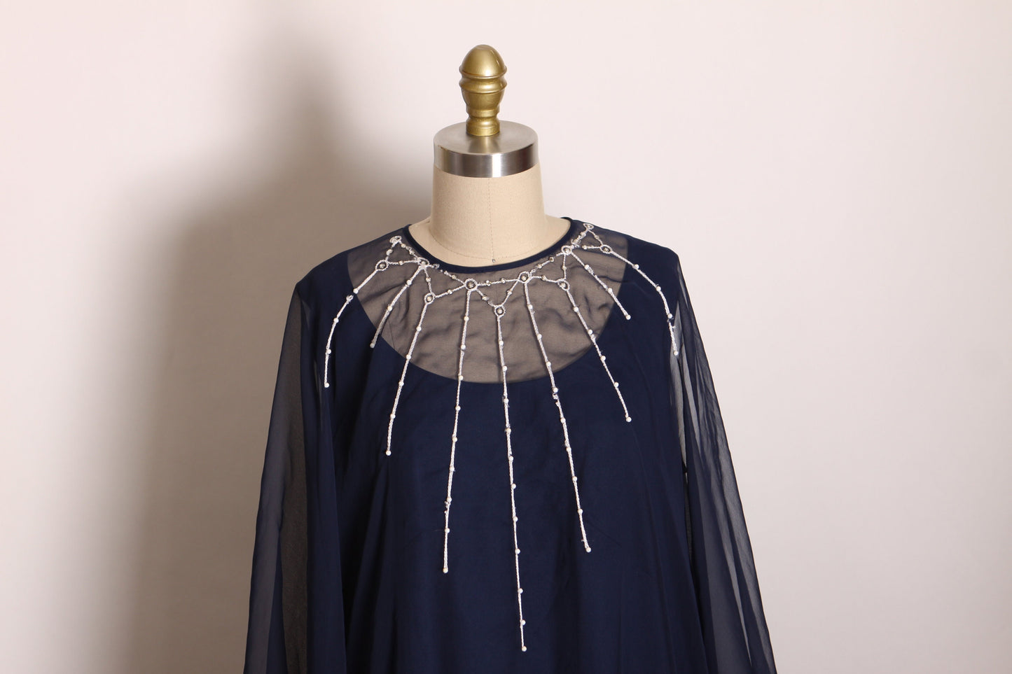 1970s Navy Blue Sleeveless Full Length Polyester Plus Size Dress with Matching Silver Spiderweb Detail Sheer Draped Caftan Cape -1XL