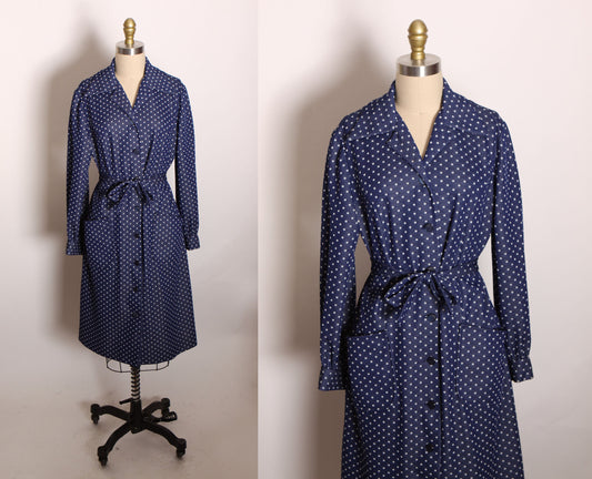 1970s Navy Blue and White Polka Dot Long Sleeve Pocketed Button Up Front Polyester Dress -L