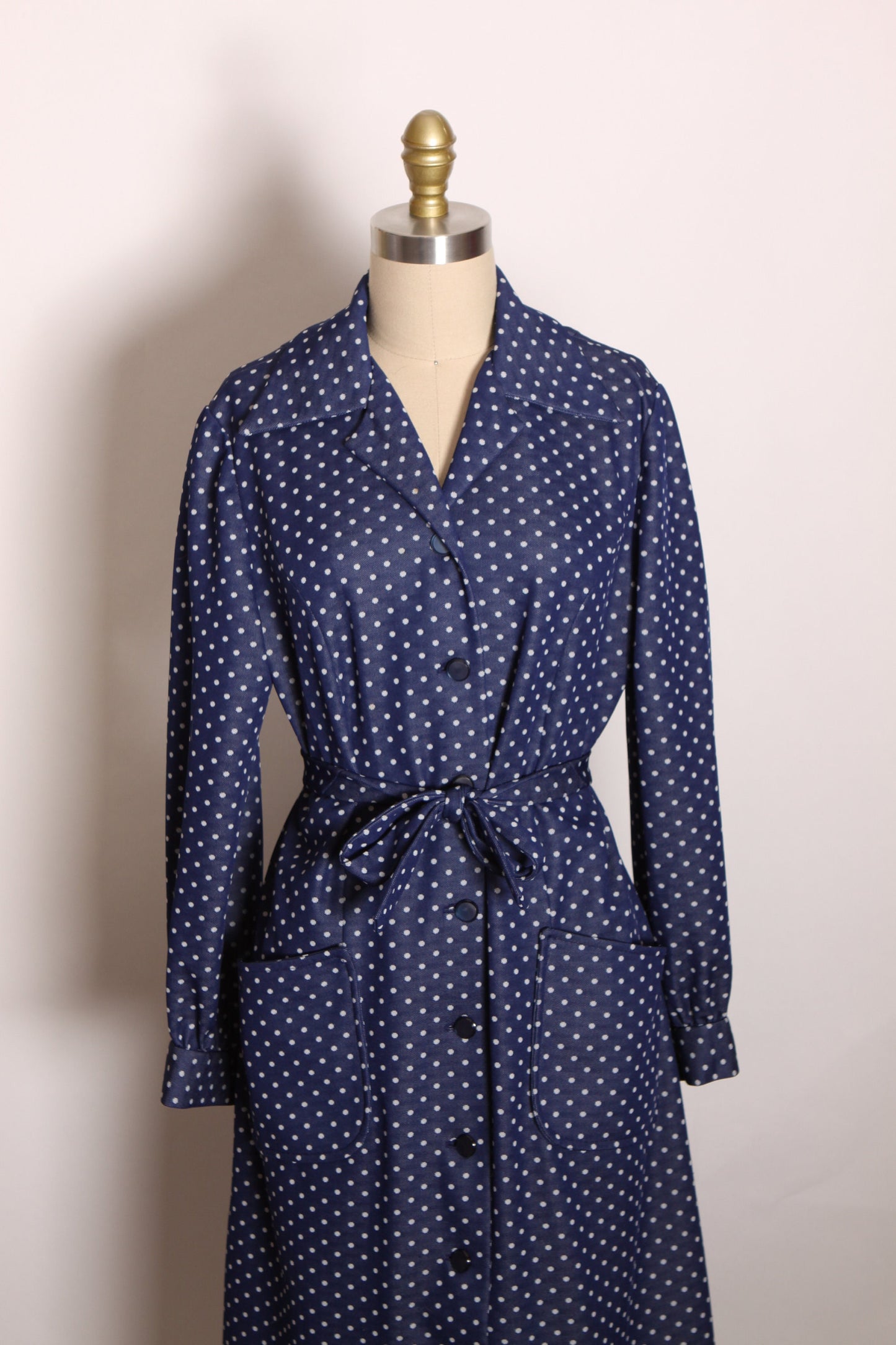 1970s Navy Blue and White Polka Dot Long Sleeve Pocketed Button Up Front Polyester Dress -L