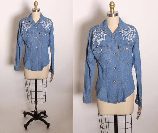 Deadstock Late 1980s Early 1990s Denim Long Sleeved Bedazzled Rhinestone Pearl Bling Button Up Blouse by Monique Fashions -M