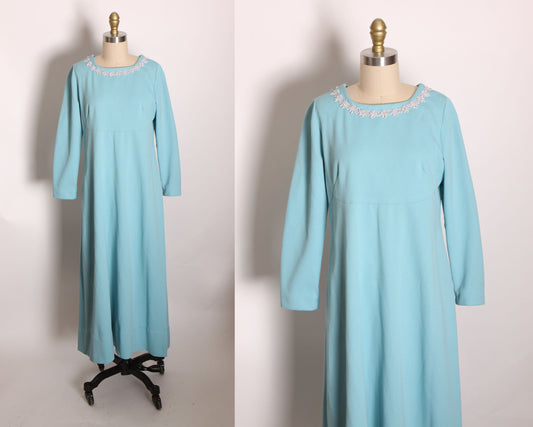 1960s Blue 3/4 Length Sleeve Empire Waist Silver Trim Mod Dress -L