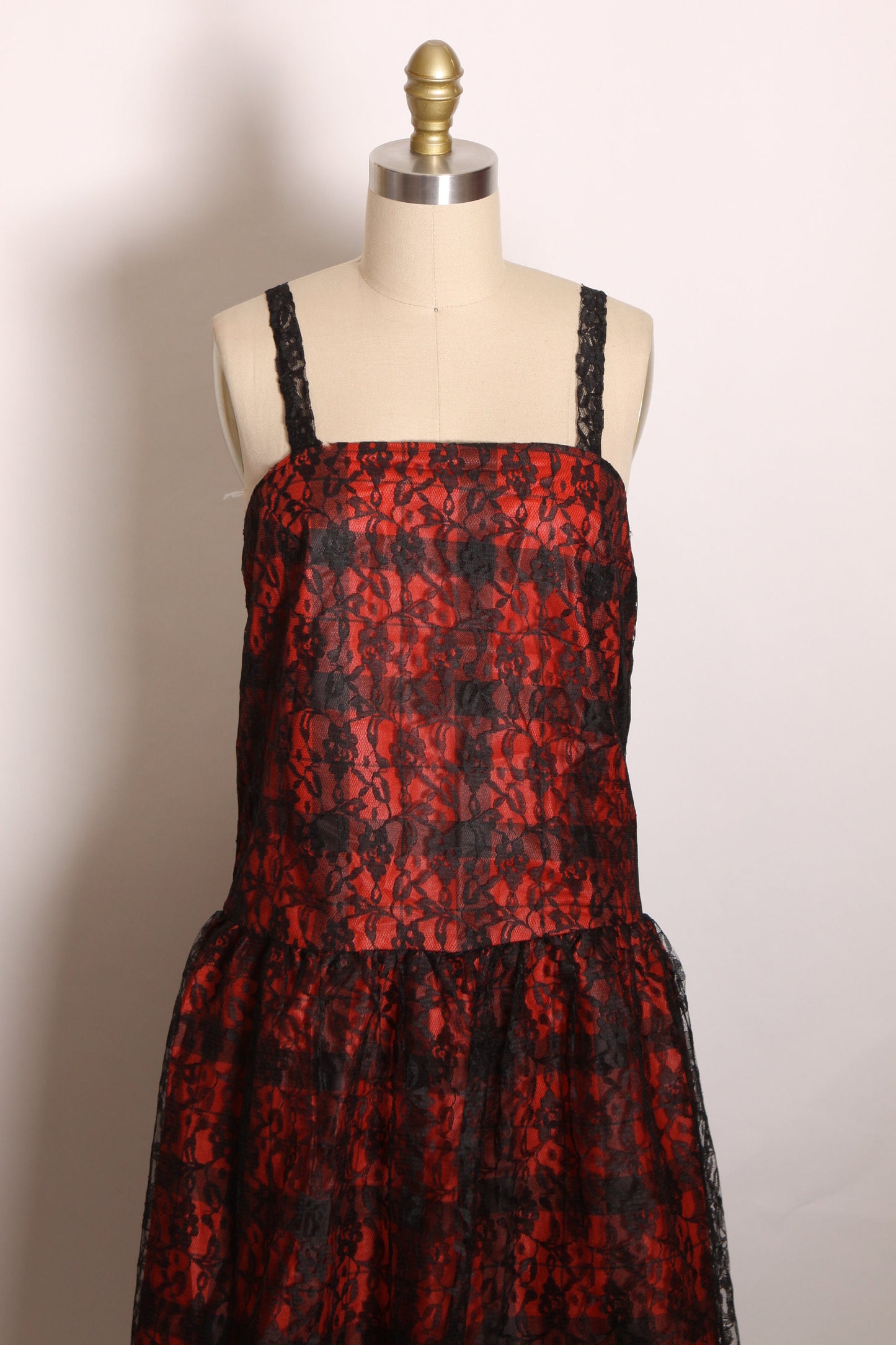 Deadstock 1970s Black and Red Gothic Lace and Plaid Print Lace Strap Sleeveless Dress by Purrr’s -S-M