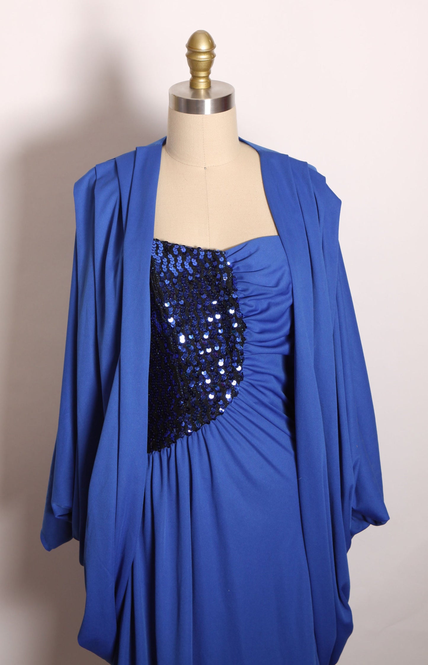 Late 1970s Early 1980s Blue Spaghetti Strap Sequin Bodice Formal Disco Dress with Matching Batwing Draped Jacket by Craig Adams -XS