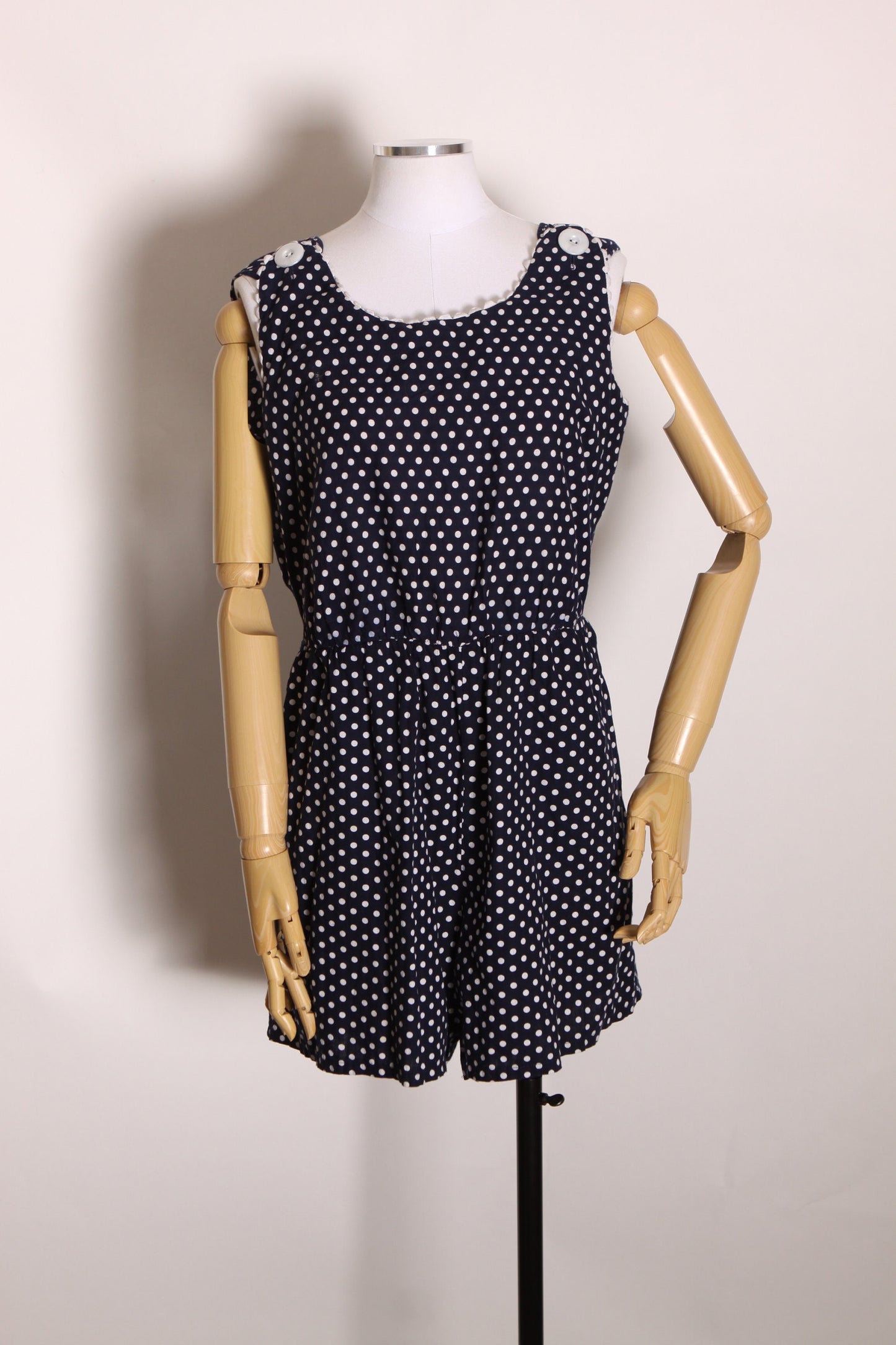 1950s 1960s Navy Blue and White Polka Dot Sleeveless One Piece Snap Crotch Leisure Loungewear Lingerie Romper by Sherry Lynn -XL