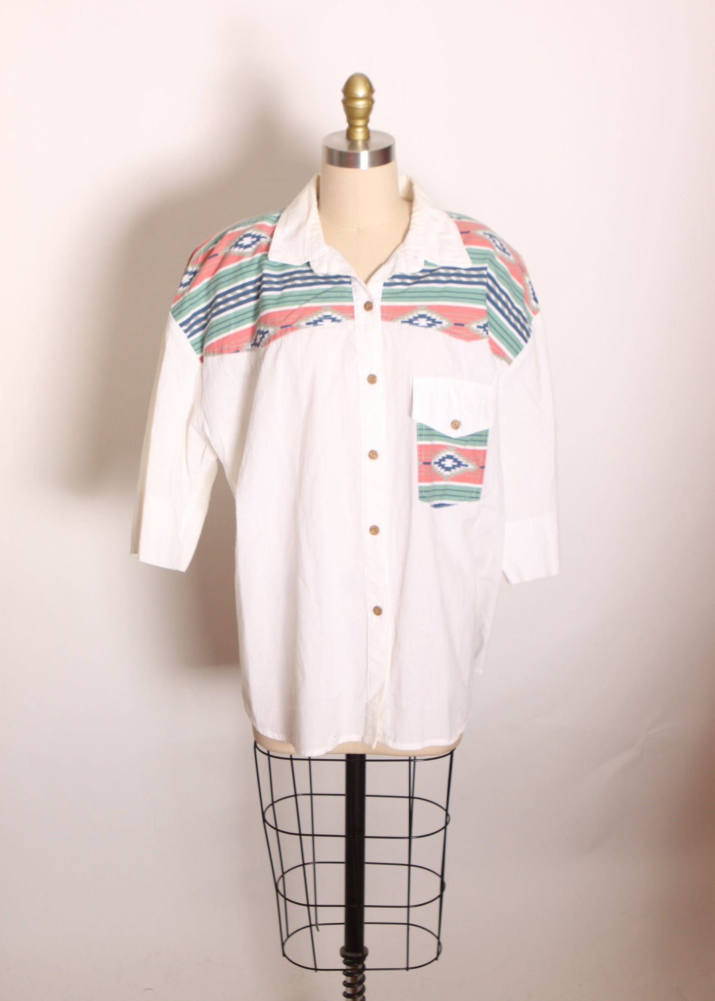 1980s White, Pink and Teal Southwestern Print Half Sleeve Button Up Western Cowgirl Shirt Blouse by Act III Plus -2XL