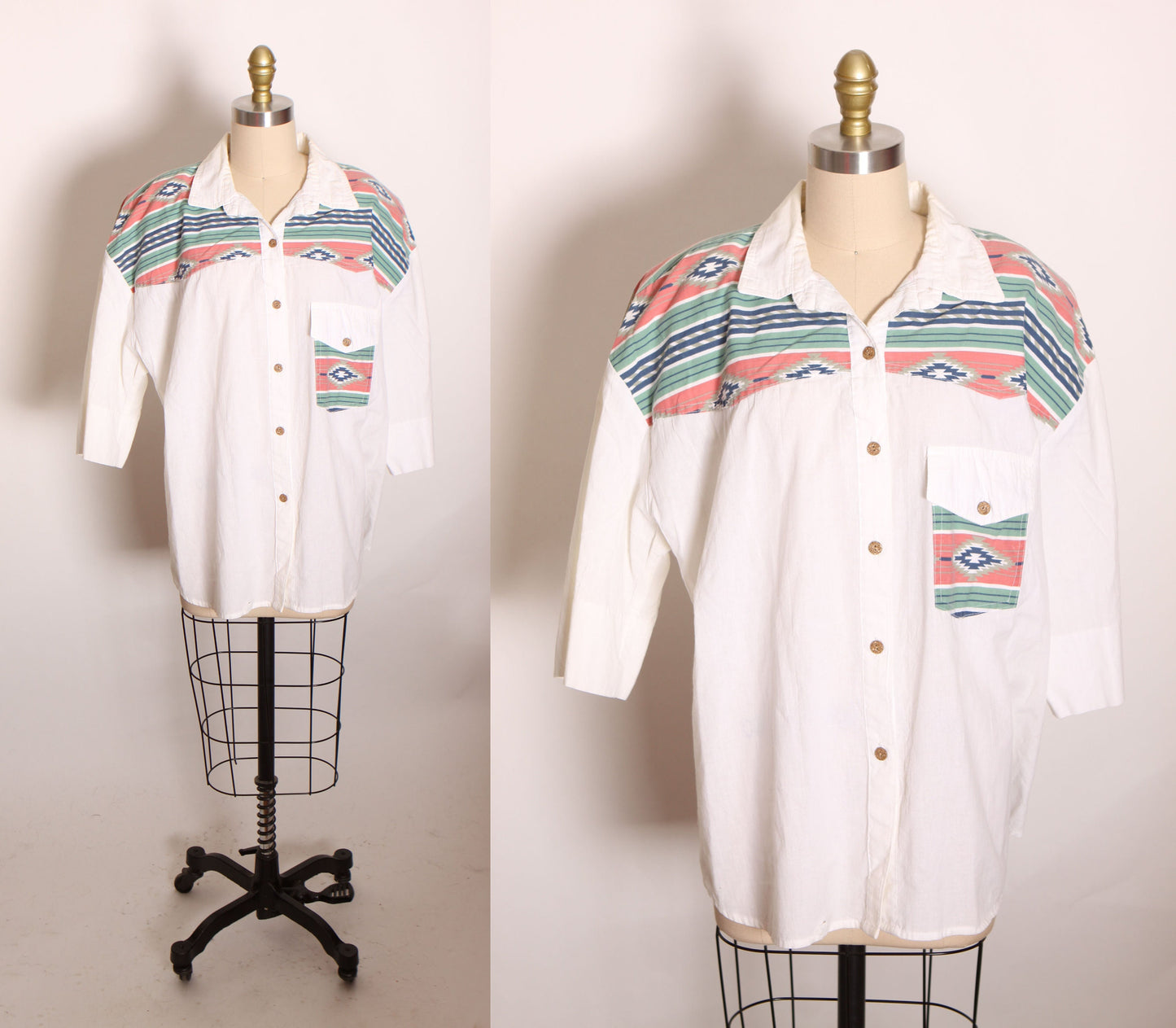 1980s White, Pink and Teal Southwestern Print Half Sleeve Button Up Western Cowgirl Shirt Blouse by Act III Plus -2XL