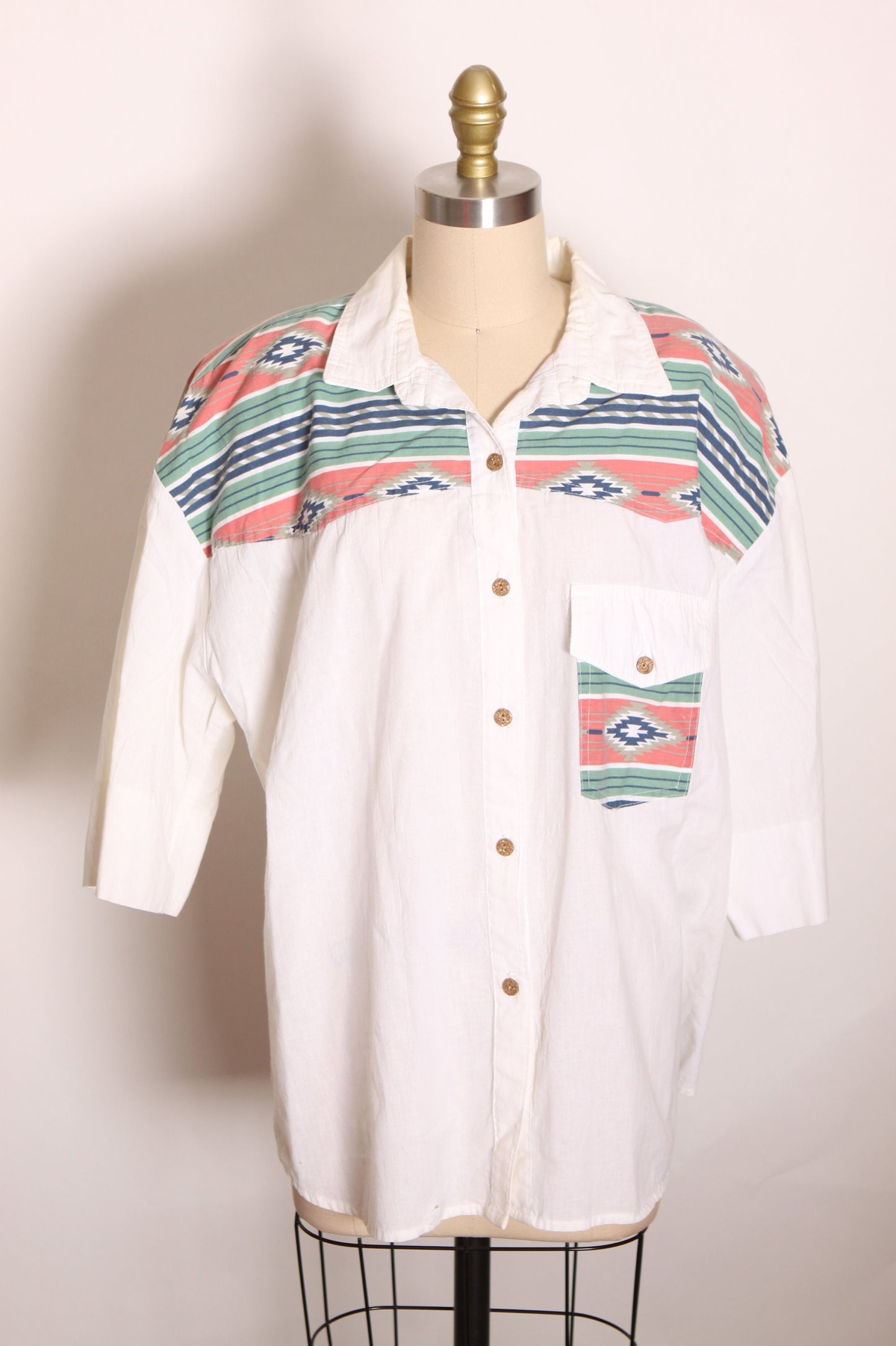 1980s White, Pink and Teal Southwestern Print Half Sleeve Button Up Western Cowgirl Shirt Blouse by Act III Plus -2XL