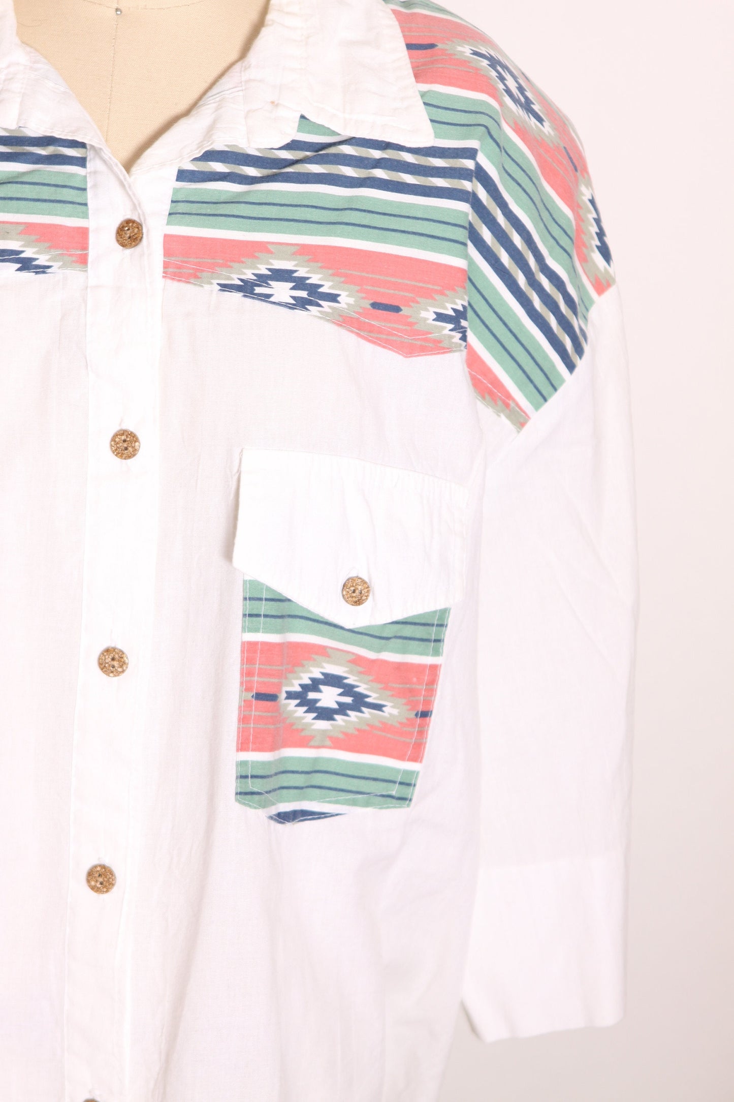 1980s White, Pink and Teal Southwestern Print Half Sleeve Button Up Western Cowgirl Shirt Blouse by Act III Plus -2XL