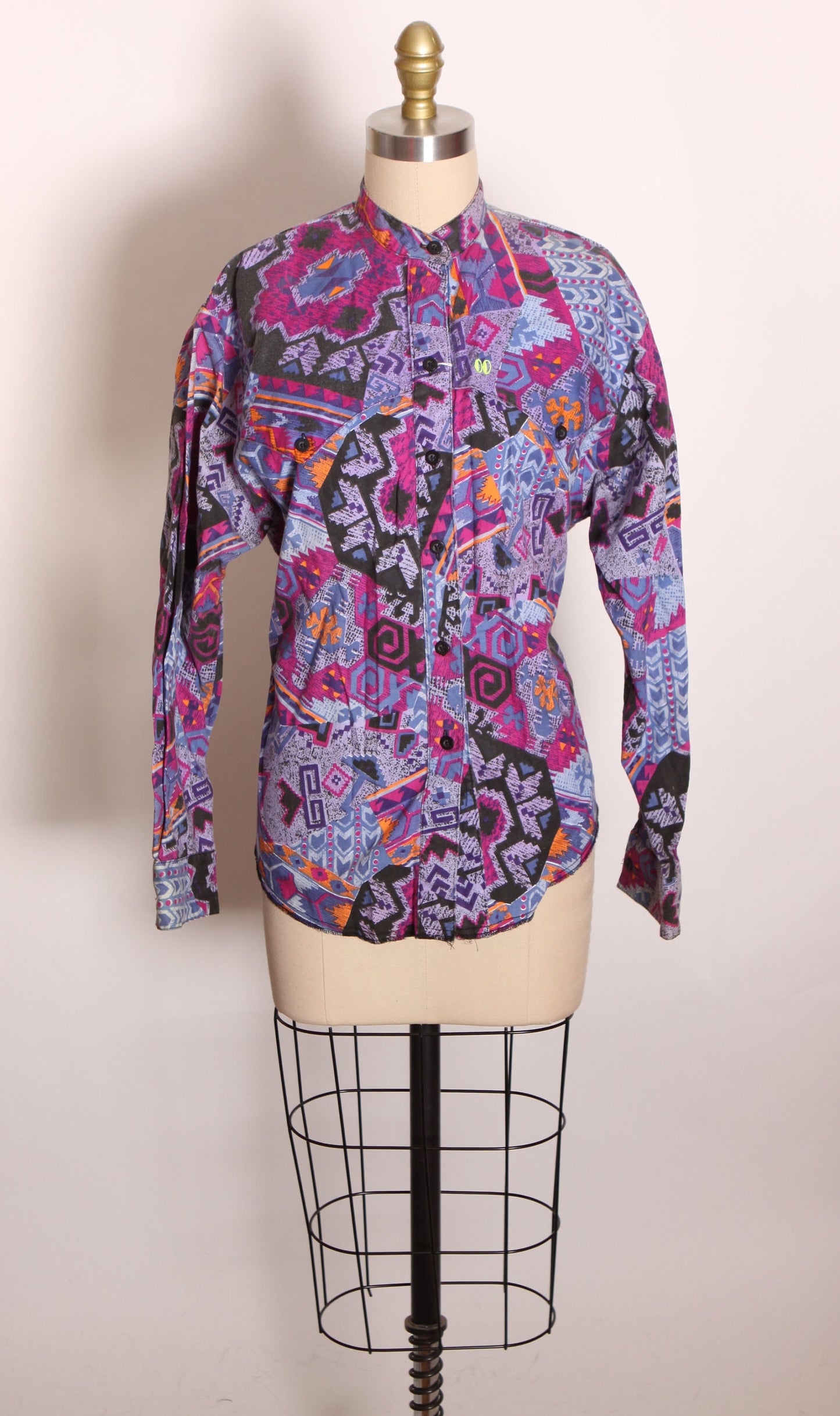 1980s Purple, Blue, Black and Orange Abstract Southwestern Long Sleeve Western Cowgirl Cowboy Blouse by The Look -M