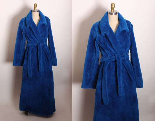 1970s Blue Fuzzy Faux Fur Look Long Sleeve Full Length Robe -M-L