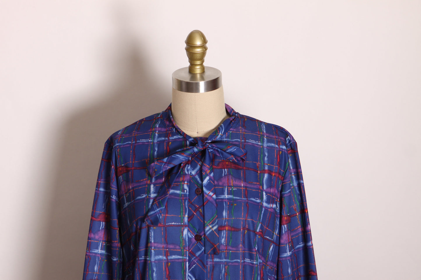 1970s Blue, Red and Purple Plaid Long Sleeve Button Up Pussybow Dress by Lady Blair -M