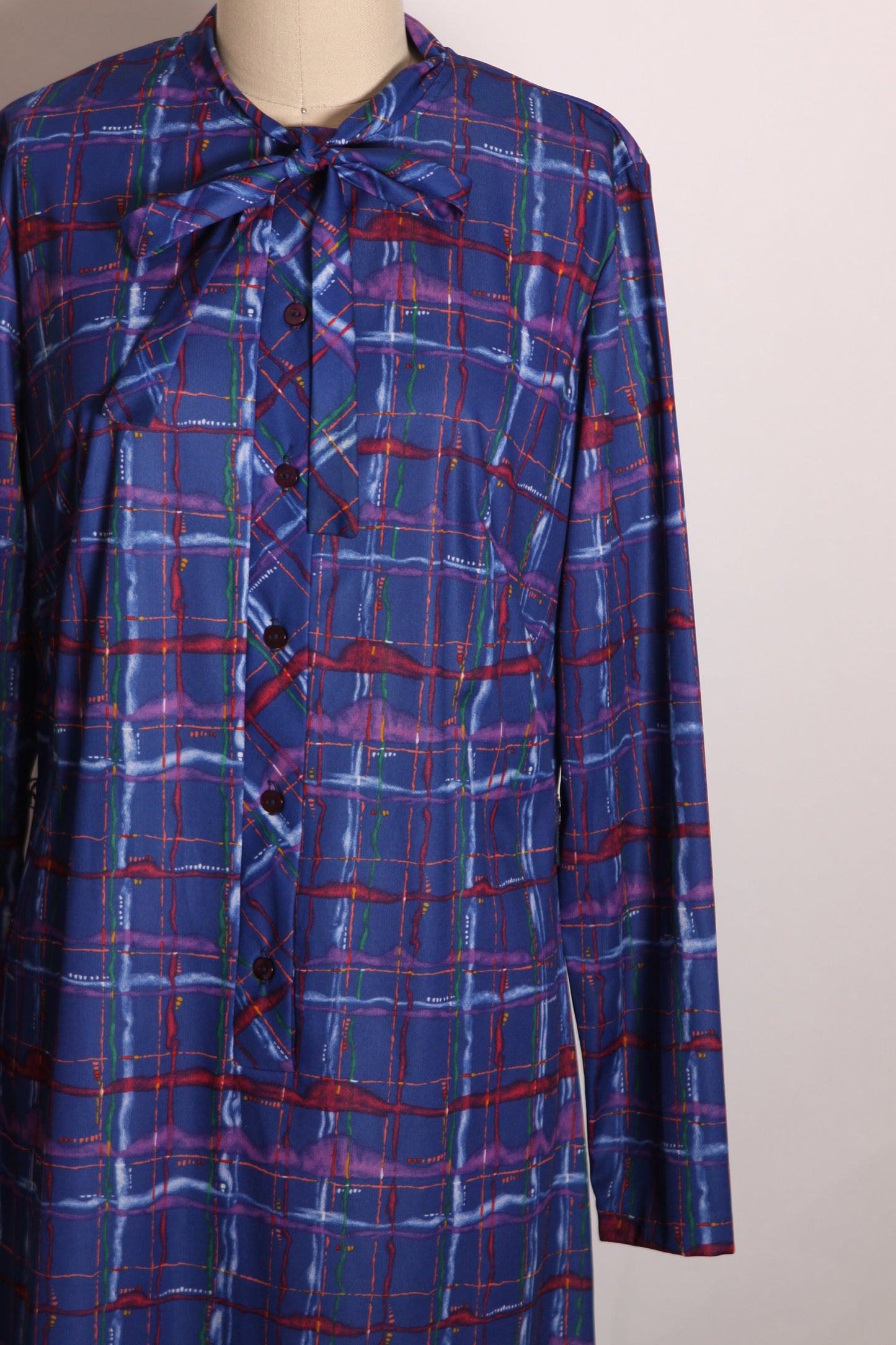 1970s Blue, Red and Purple Plaid Long Sleeve Button Up Pussybow Dress by Lady Blair -M