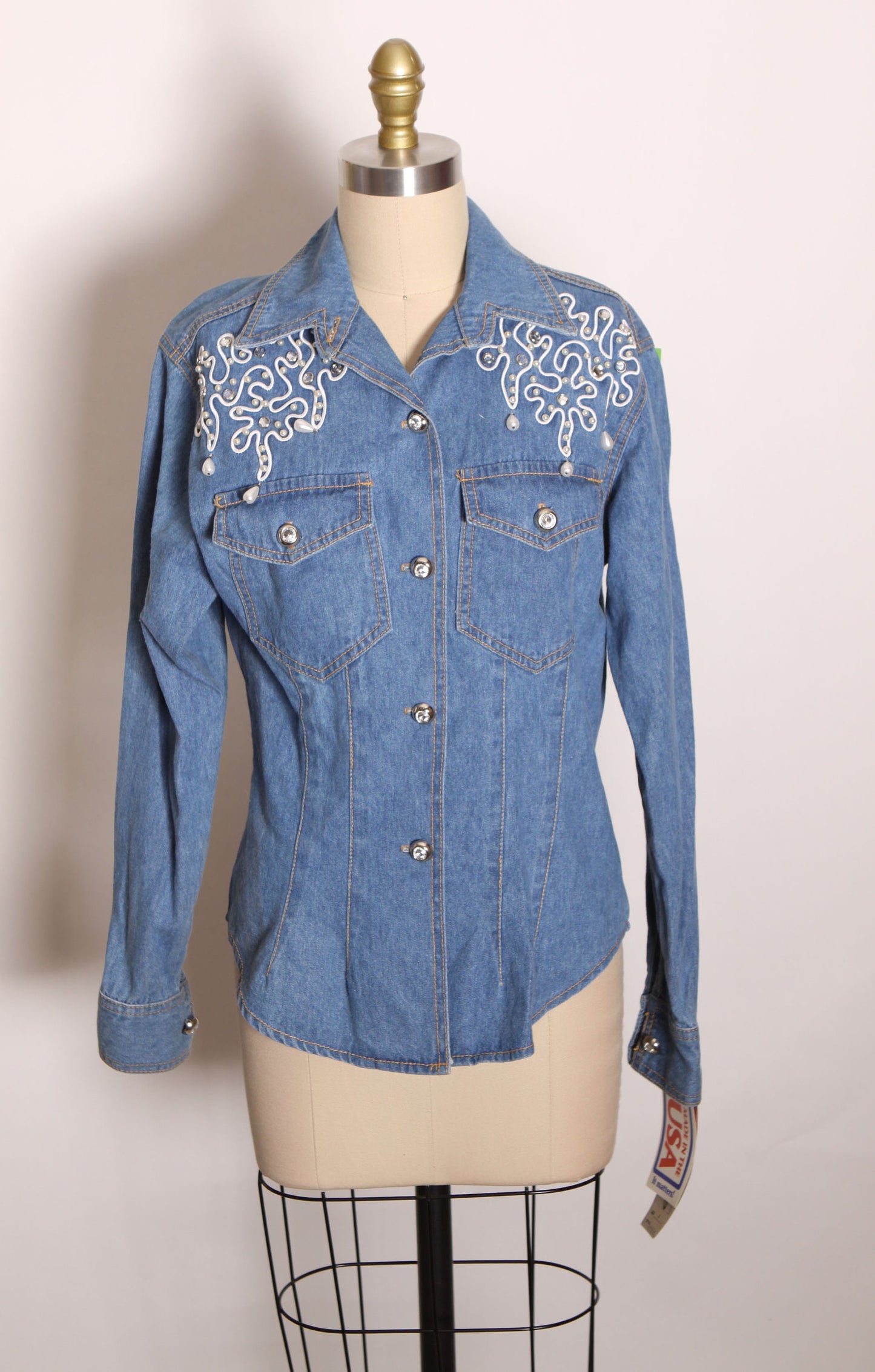 Deadstock Late 1980s Early 1990s Denim Long Sleeved Bedazzled Rhinestone Pearl Bling Button Up Blouse by Monique Fashions -M