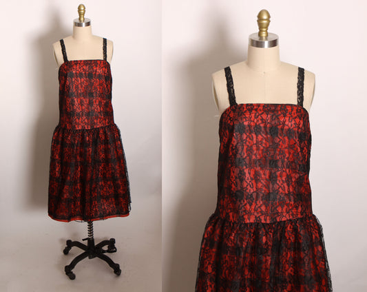 Deadstock 1970s Black and Red Gothic Lace and Plaid Print Lace Strap Sleeveless Dress by Purrr’s -S-M