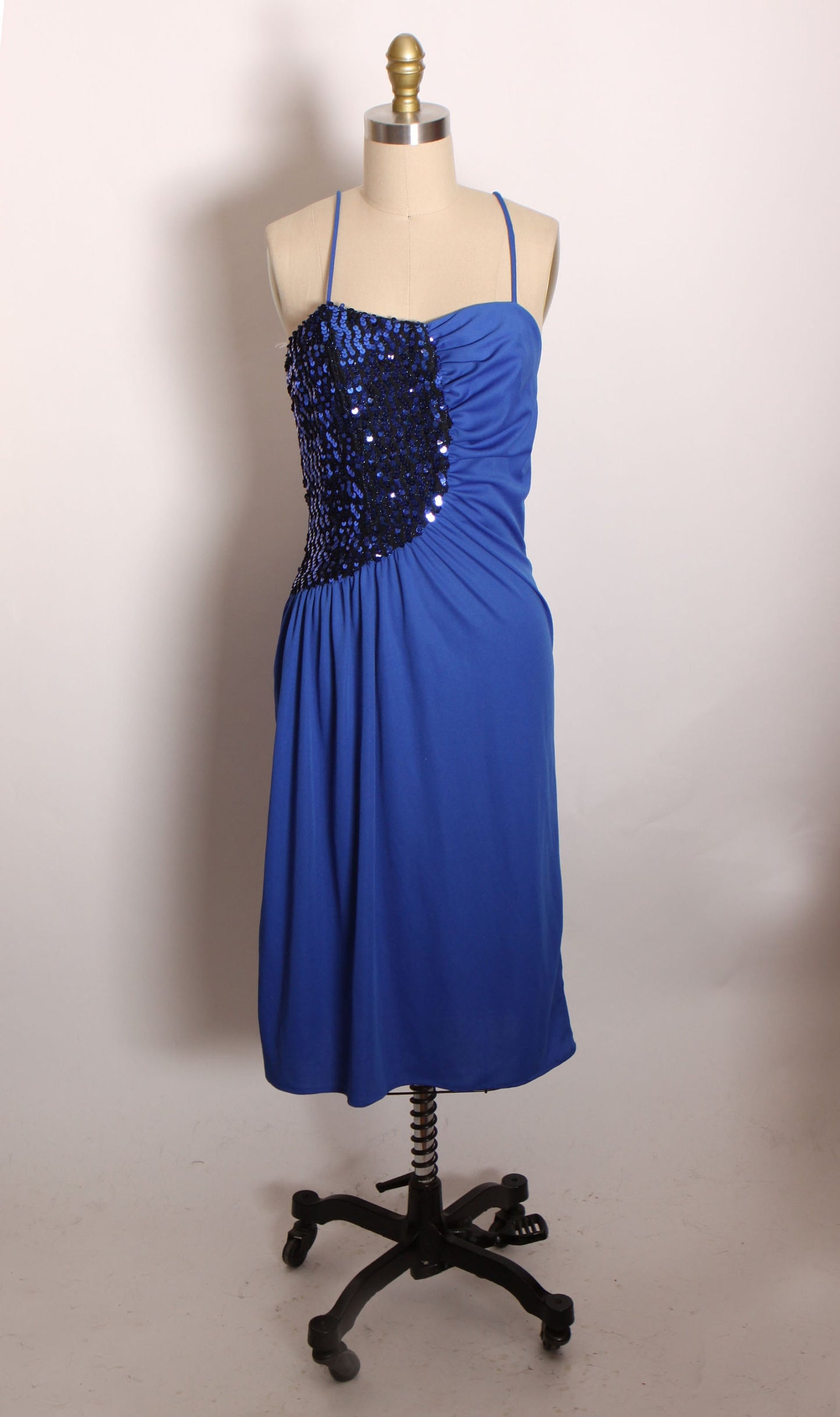 Late 1970s Early 1980s Blue Spaghetti Strap Sequin Bodice Formal Disco Dress with Matching Batwing Draped Jacket by Craig Adams -XS