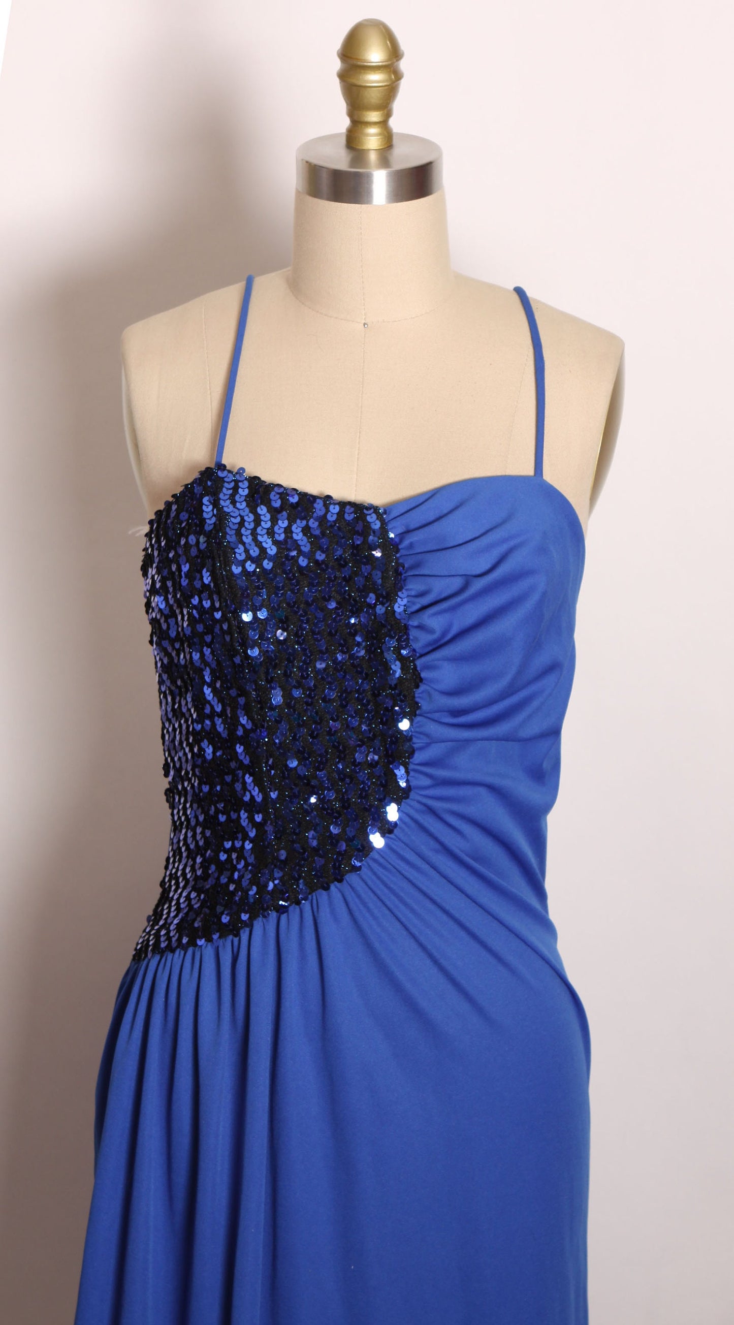 Late 1970s Early 1980s Blue Spaghetti Strap Sequin Bodice Formal Disco Dress with Matching Batwing Draped Jacket by Craig Adams -XS