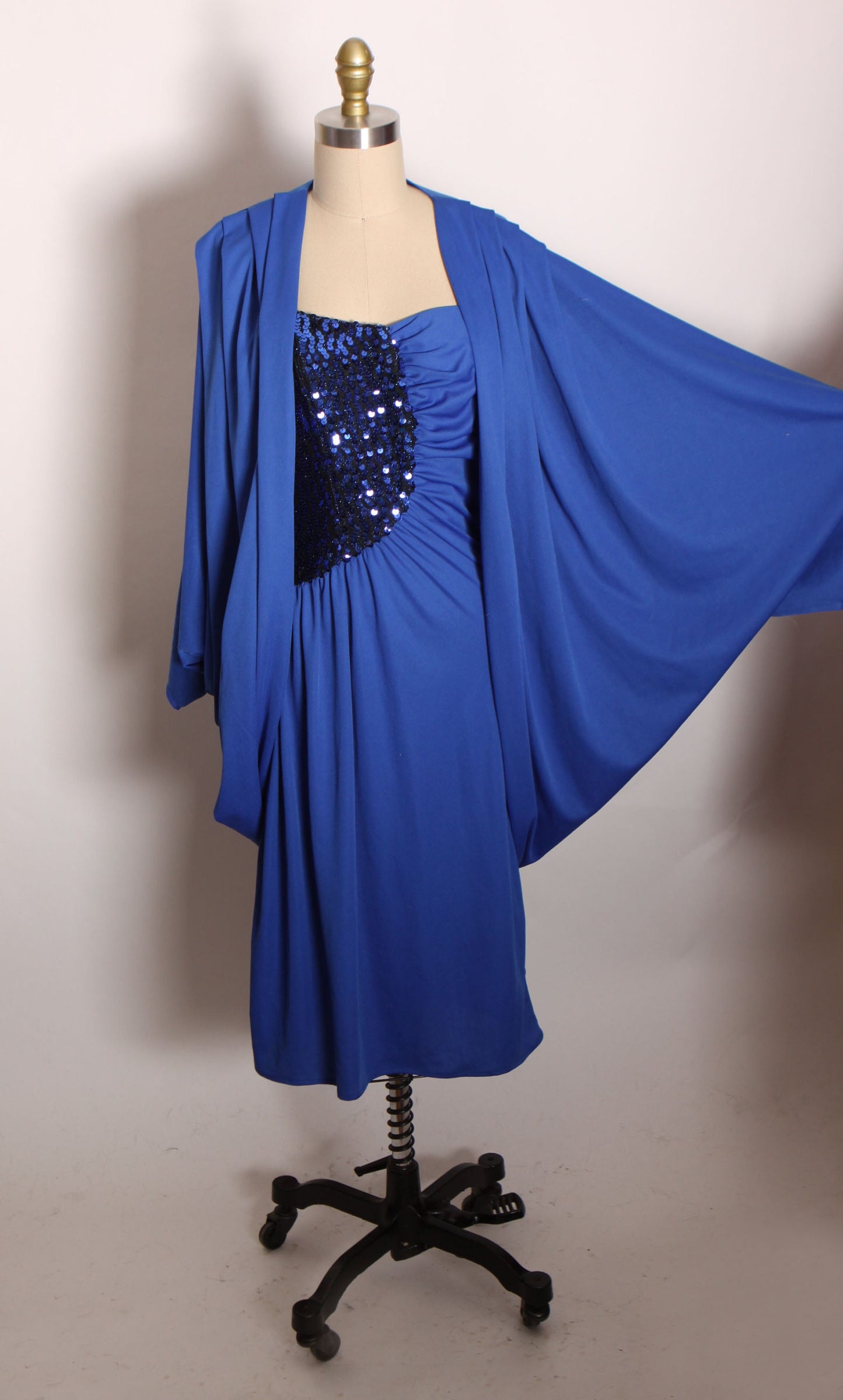 Late 1970s Early 1980s Blue Spaghetti Strap Sequin Bodice Formal Disco Dress with Matching Batwing Draped Jacket by Craig Adams -XS