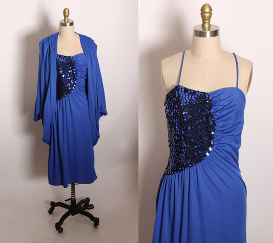 Late 1970s Early 1980s Blue Spaghetti Strap Sequin Bodice Formal Disco Dress with Matching Batwing Draped Jacket by Craig Adams -XS