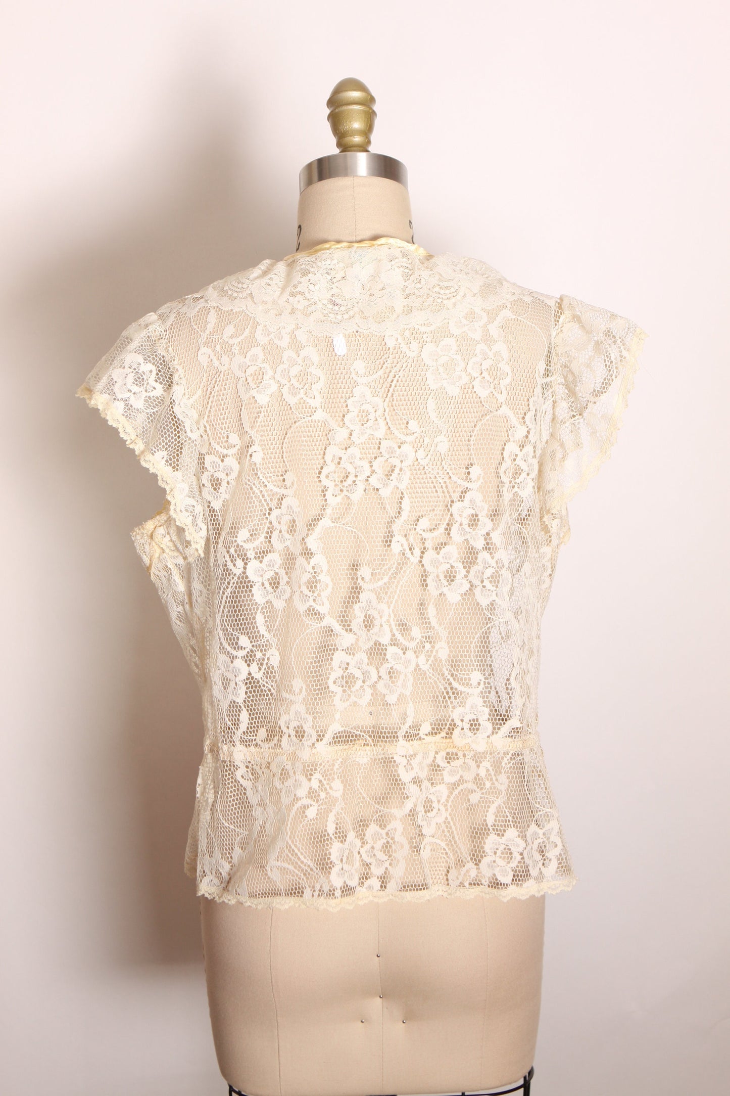 1970s Cream Lace Flutter Short Sleeve Sheer Lace Vest Blouse by Miss Joni -XL