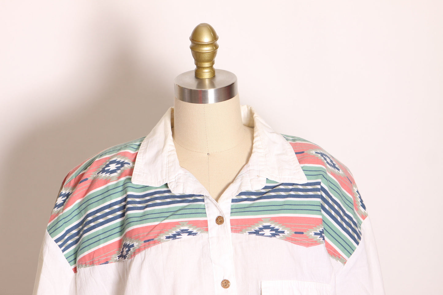 1980s White, Pink and Teal Southwestern Print Half Sleeve Button Up Western Cowgirl Shirt Blouse by Act III Plus -2XL