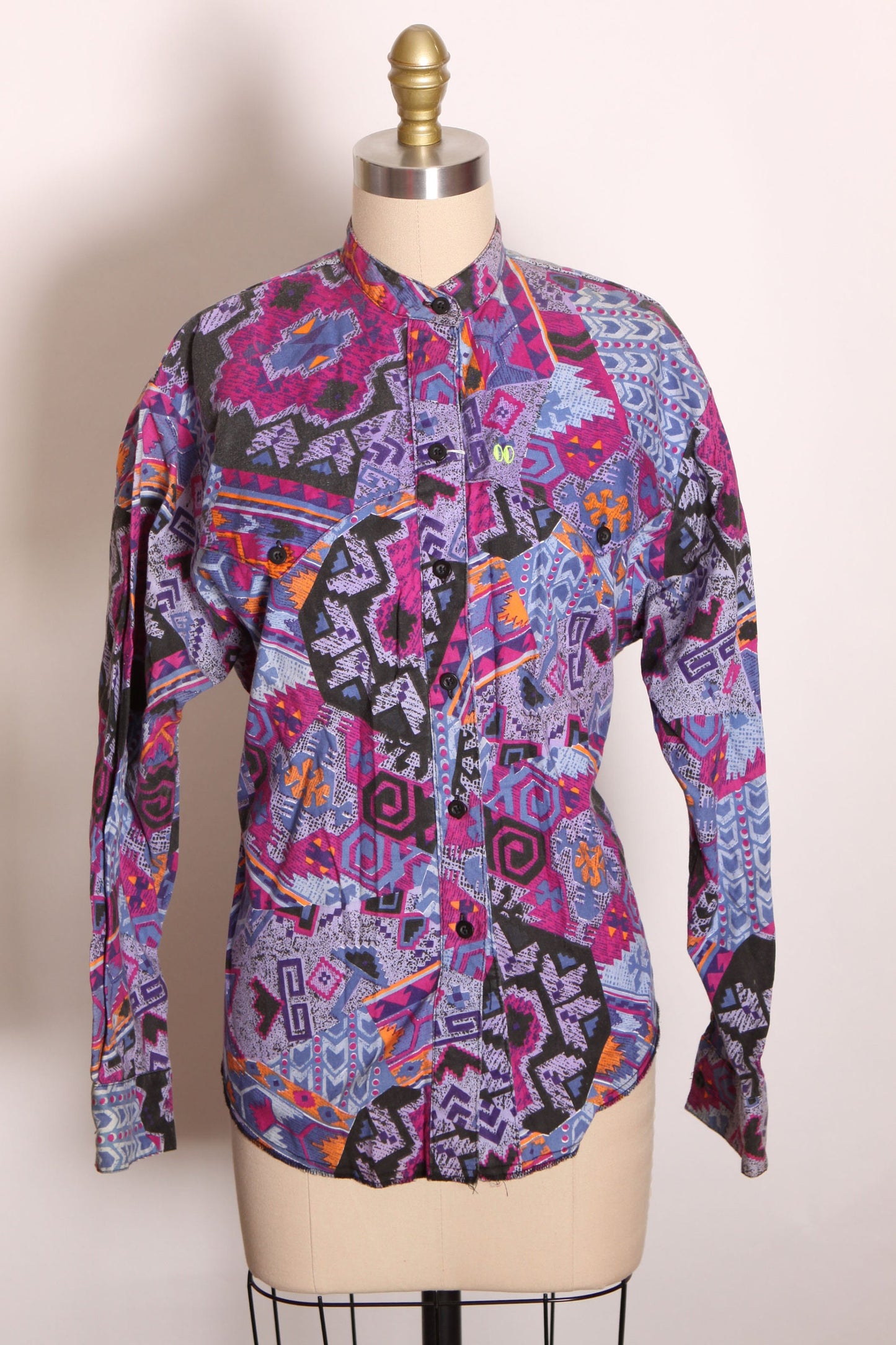 1980s Purple, Blue, Black and Orange Abstract Southwestern Long Sleeve Western Cowgirl Cowboy Blouse by The Look -M