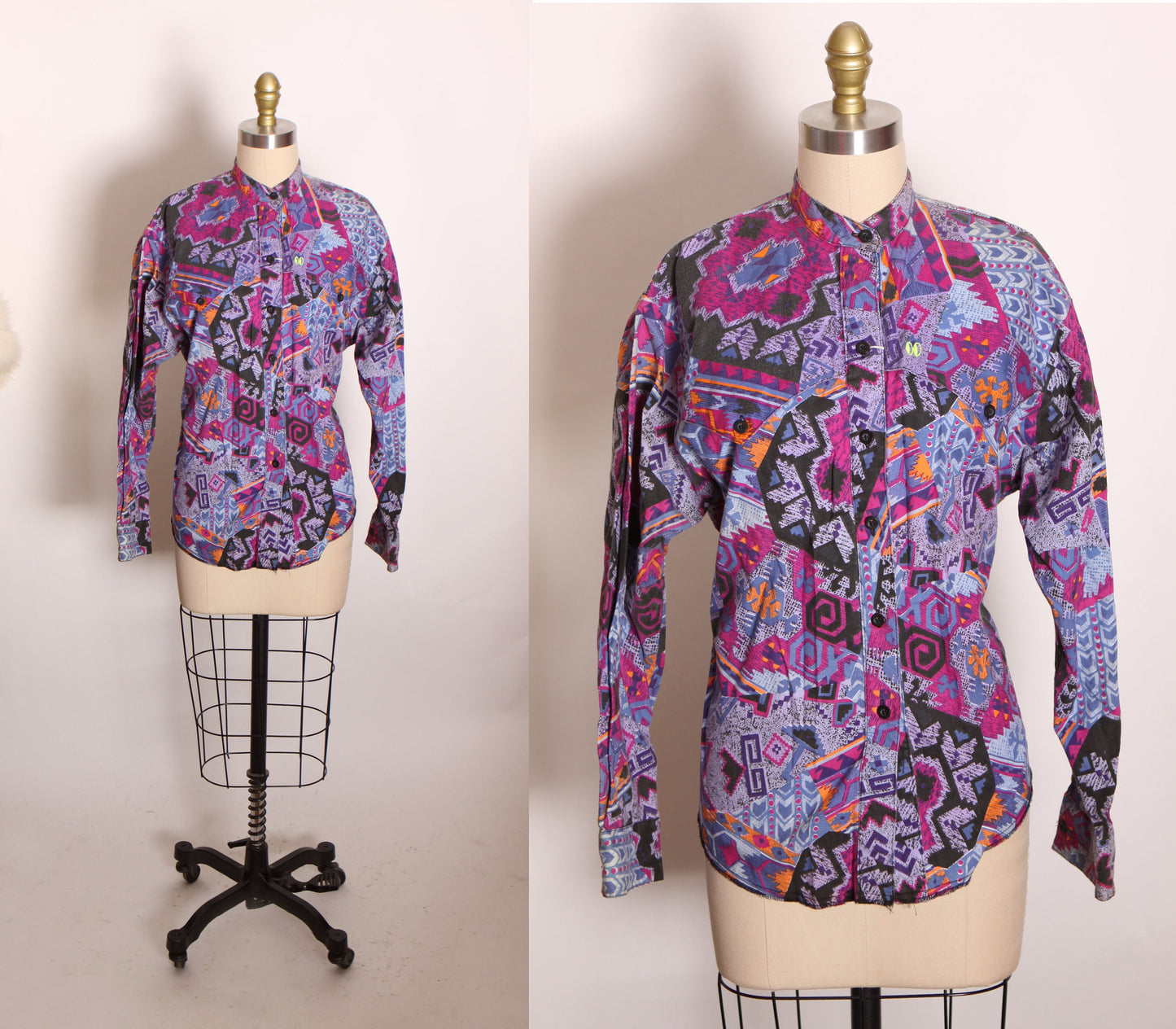 1980s Purple, Blue, Black and Orange Abstract Southwestern Long Sleeve Western Cowgirl Cowboy Blouse by The Look -M