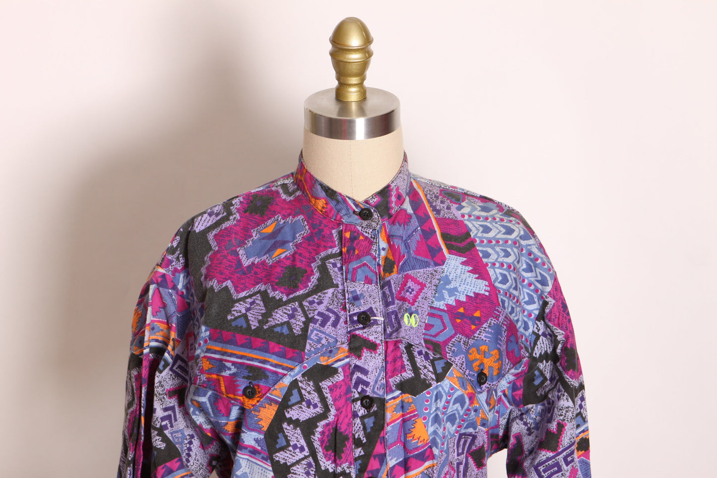 1980s Purple, Blue, Black and Orange Abstract Southwestern Long Sleeve Western Cowgirl Cowboy Blouse by The Look -M