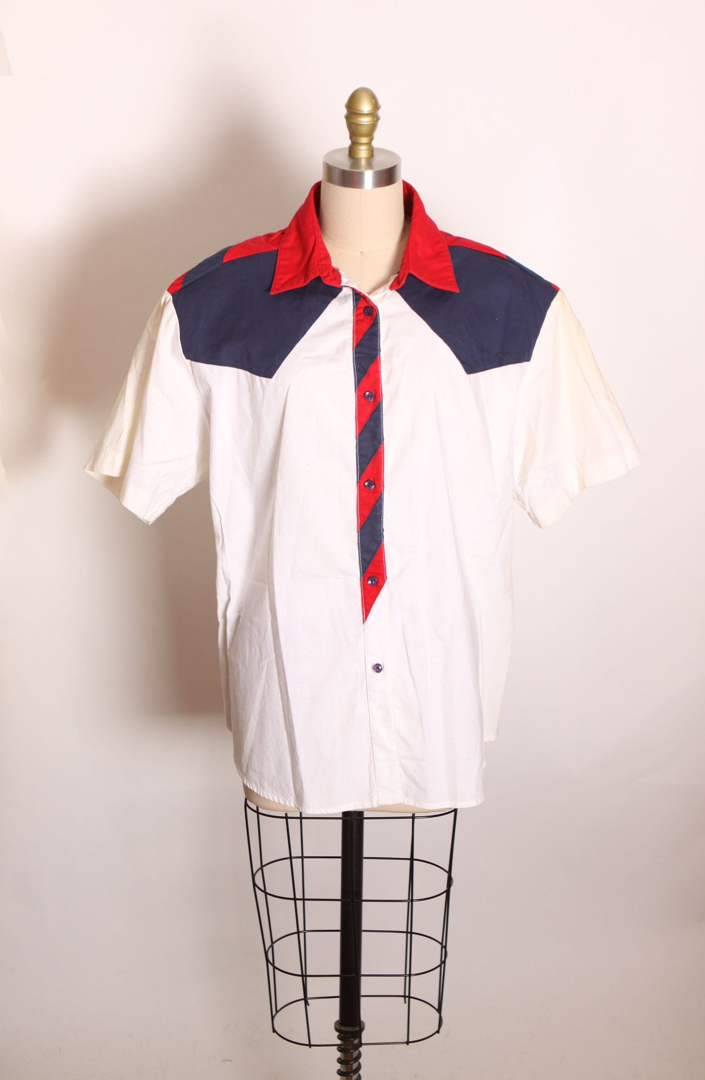 1980s White, Red and Blue American Half Sleeve Button Up Western Shirt Blouse -2XL