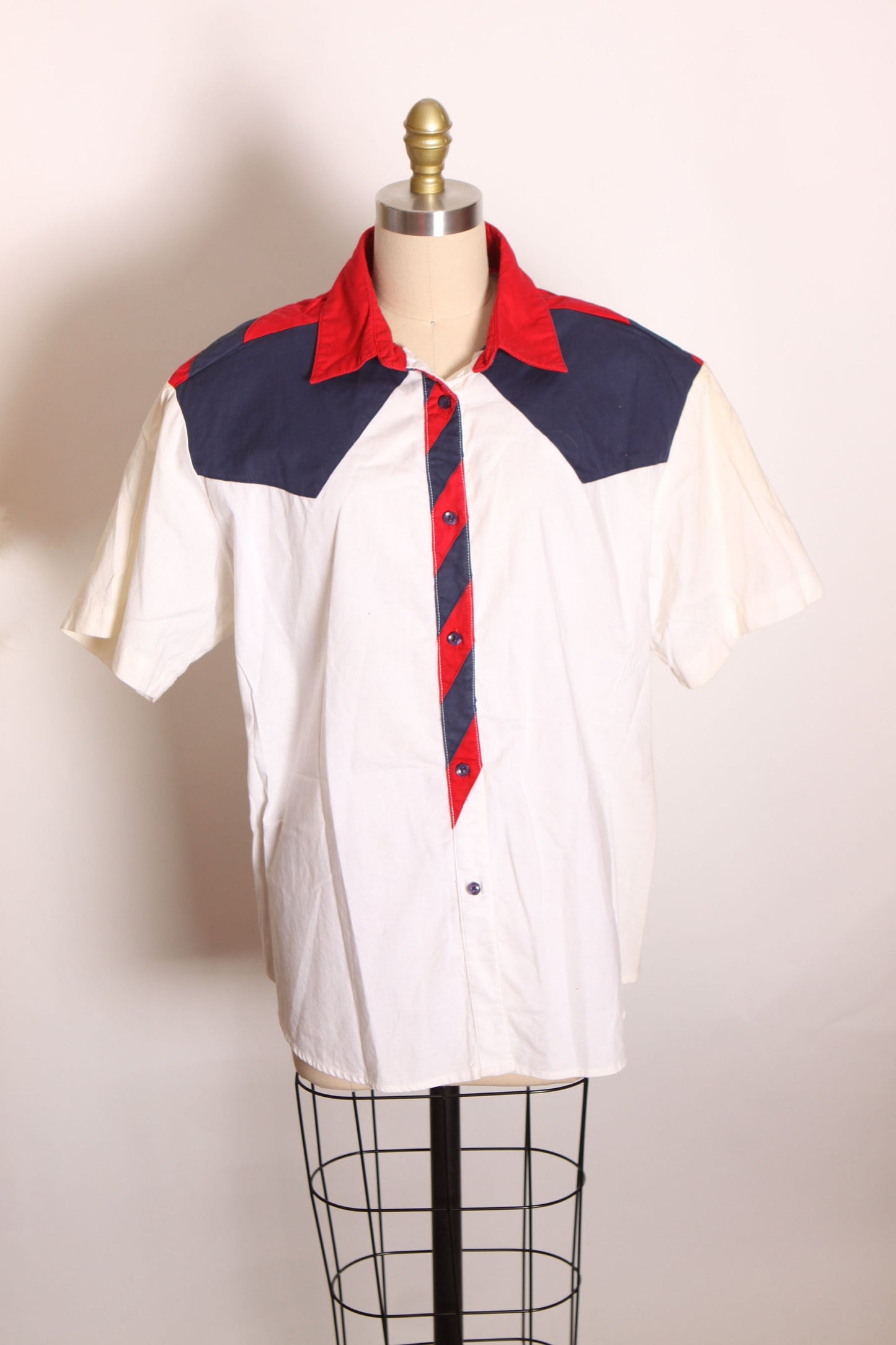 1980s White, Red and Blue American Half Sleeve Button Up Western Shirt Blouse -2XL