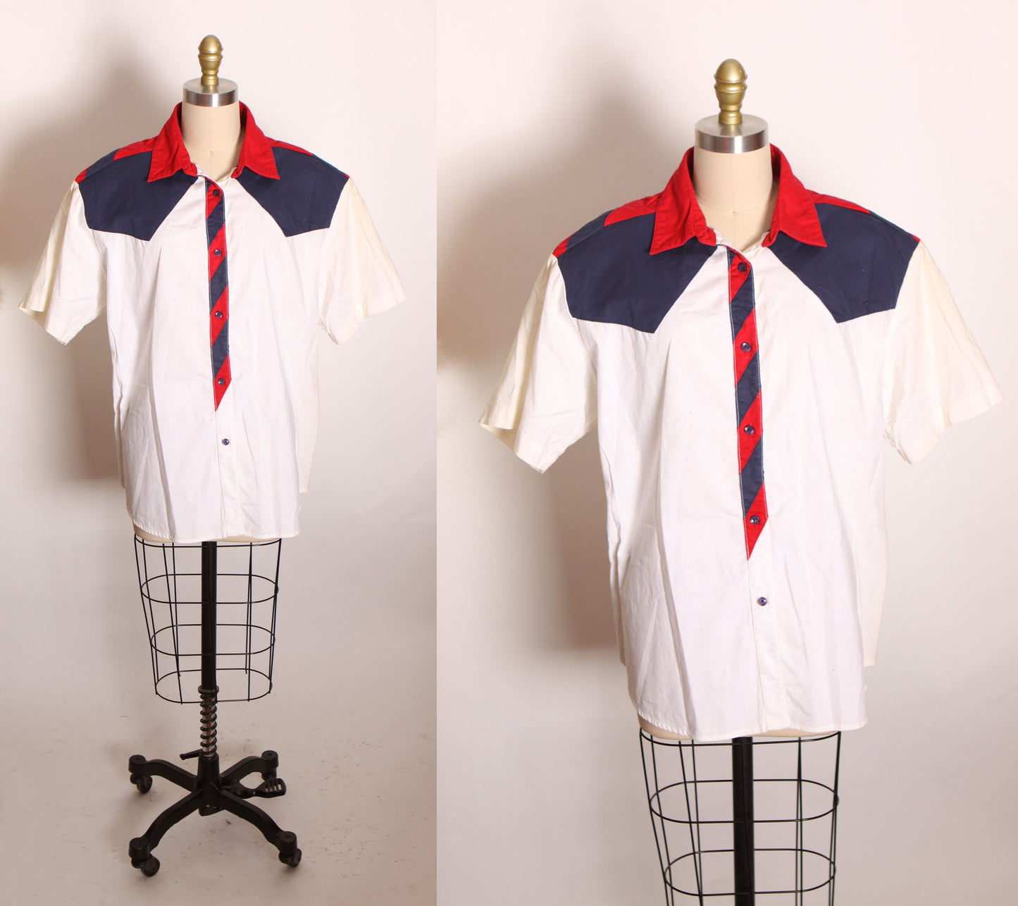 1980s White, Red and Blue American Half Sleeve Button Up Western Shirt Blouse -2XL