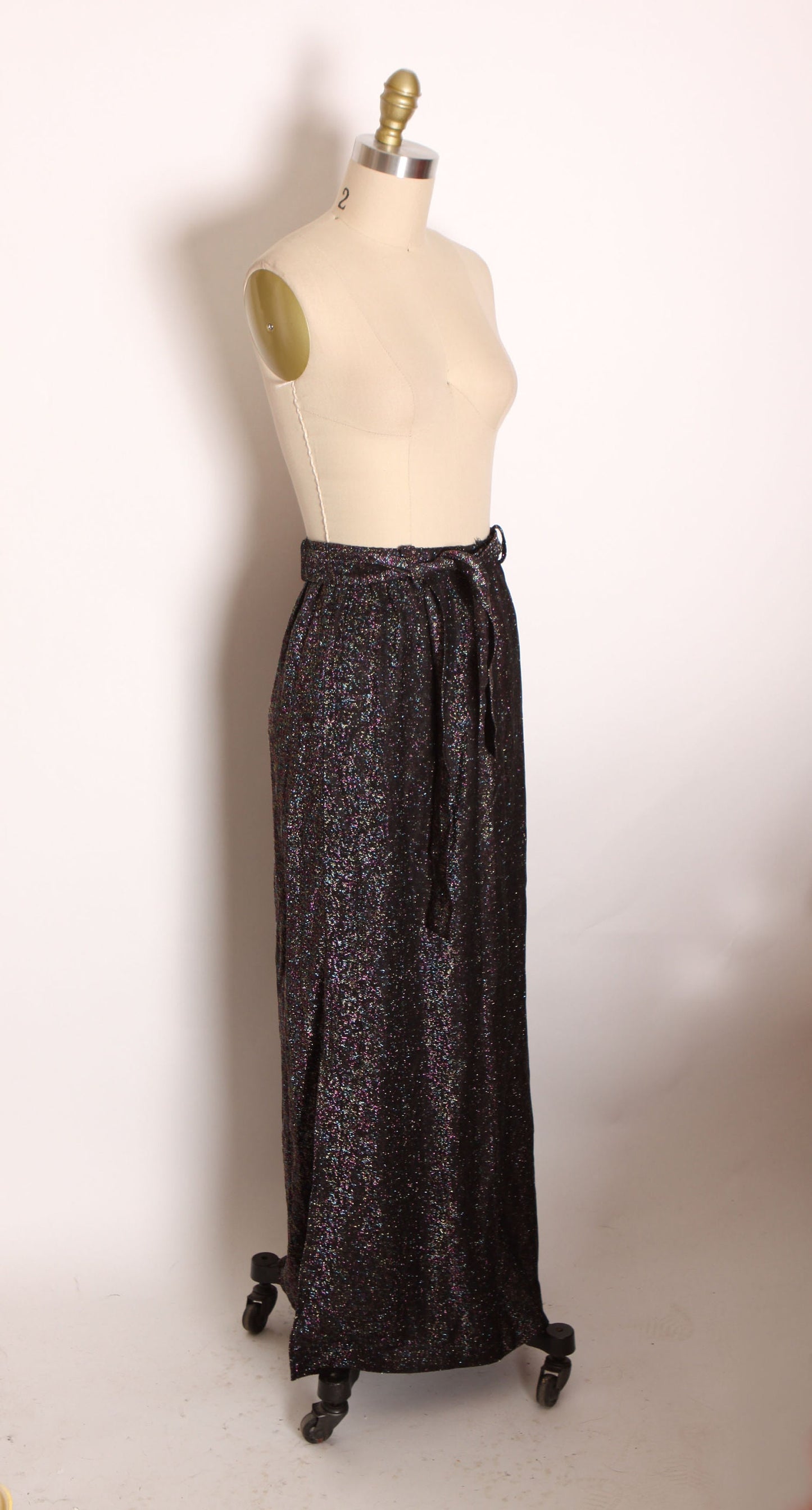 1960s 1970s Black and Rainbow Metallic Lurex Ankle Length Belted Skirt -S-M