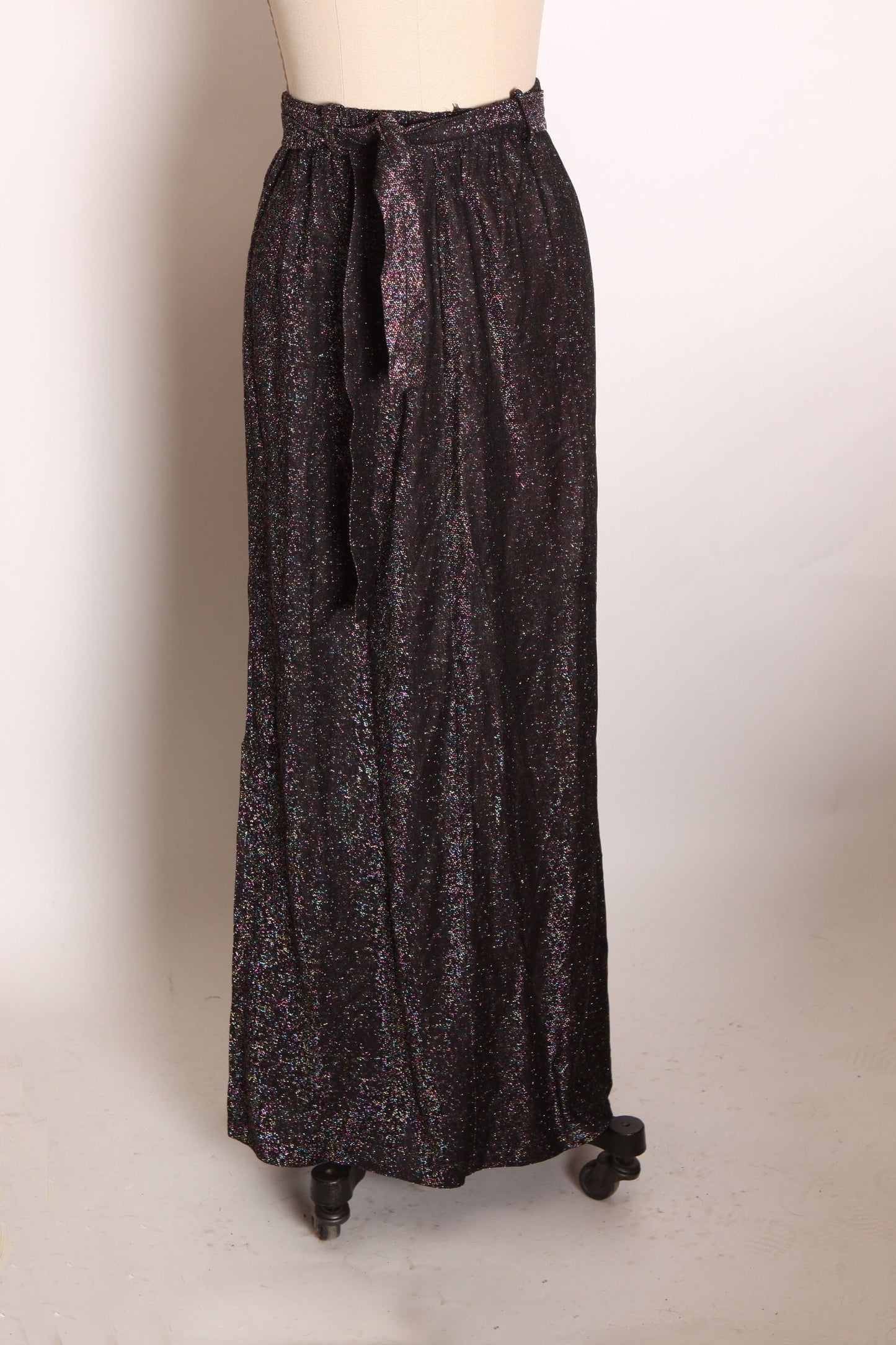 1960s 1970s Black and Rainbow Metallic Lurex Ankle Length Belted Skirt -S-M